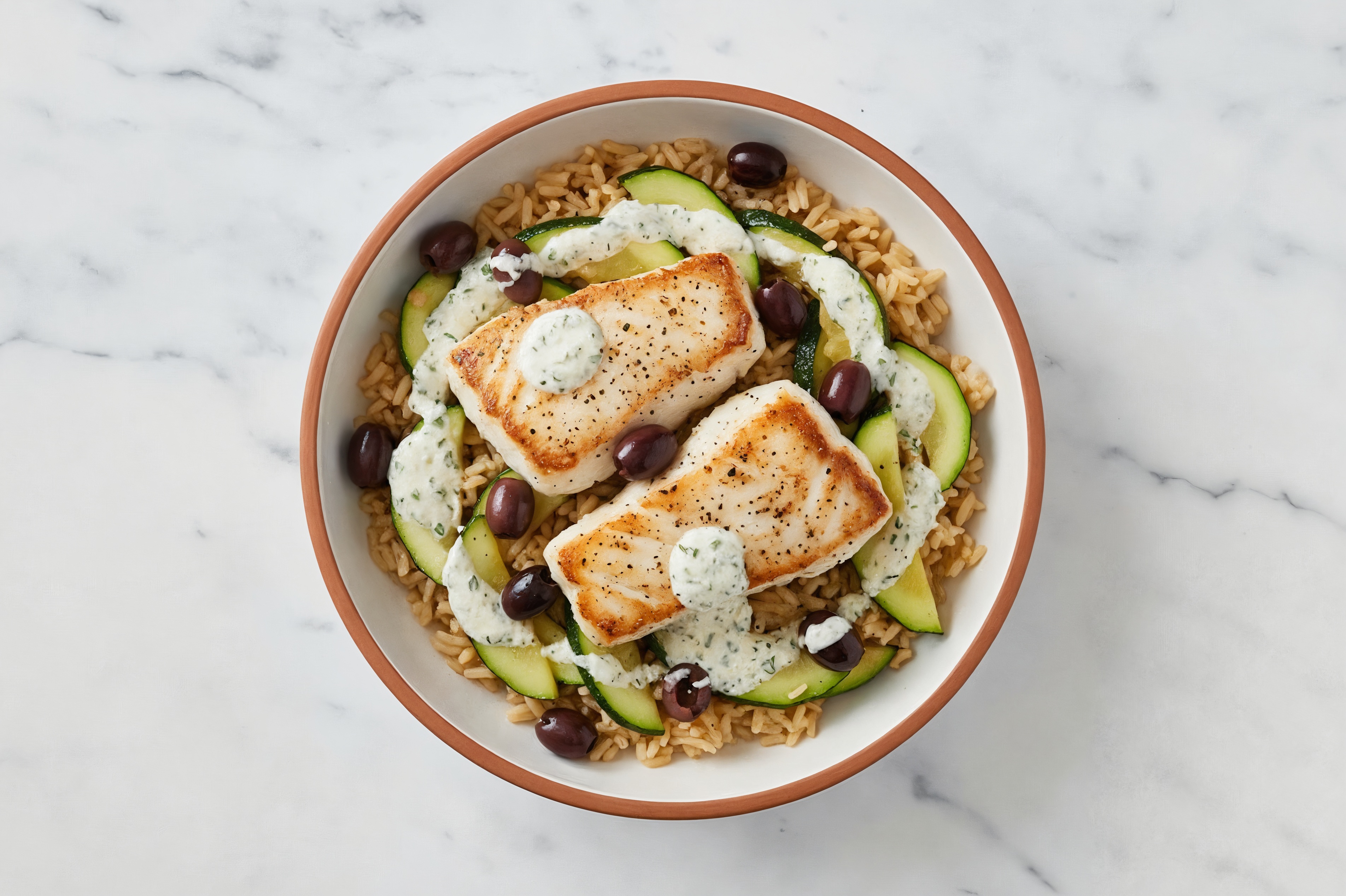 Herby Mediterranean Halibut Grain Bowl