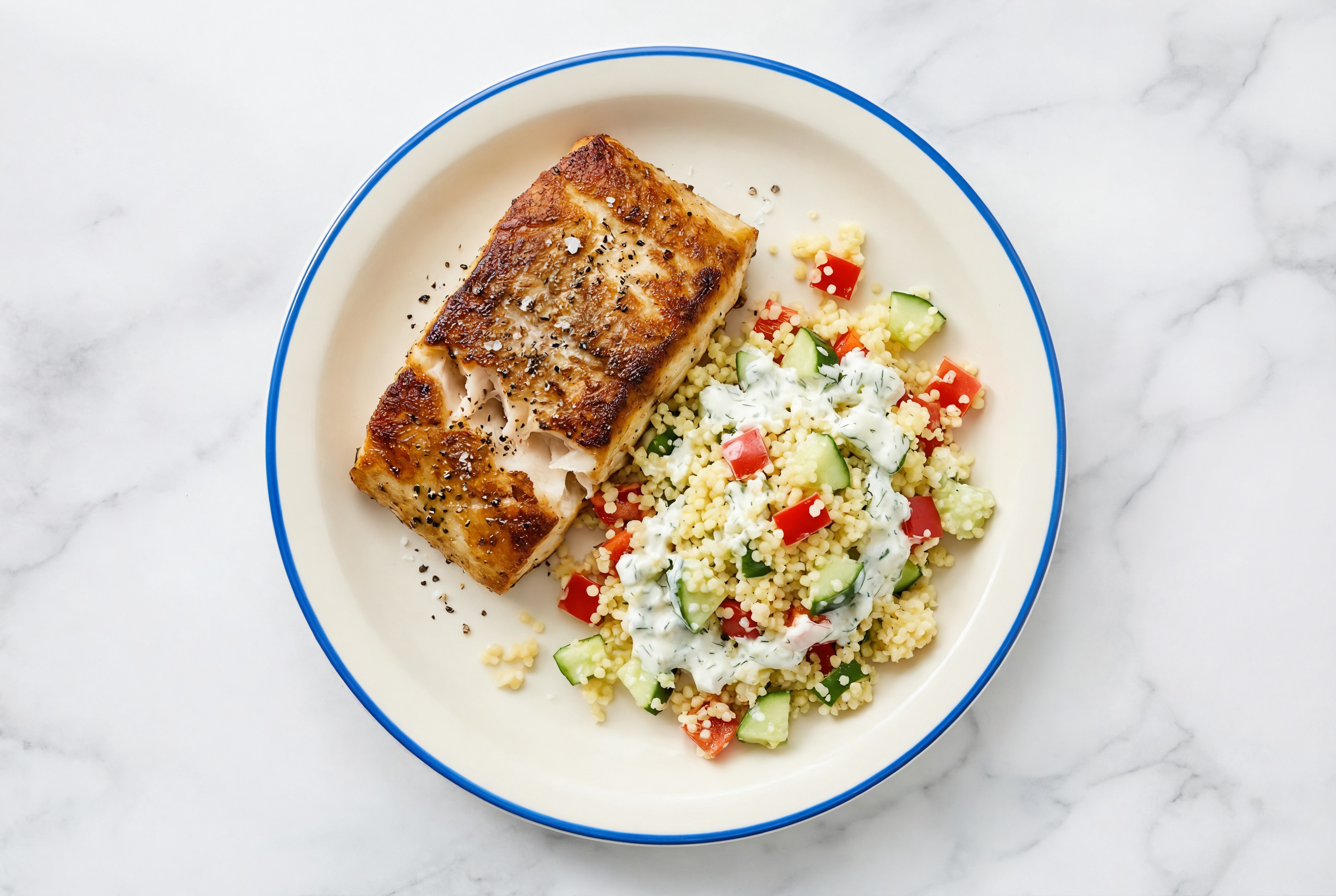 Seared Barramundi + Tzatziki Couscous with Red Bell Pepper