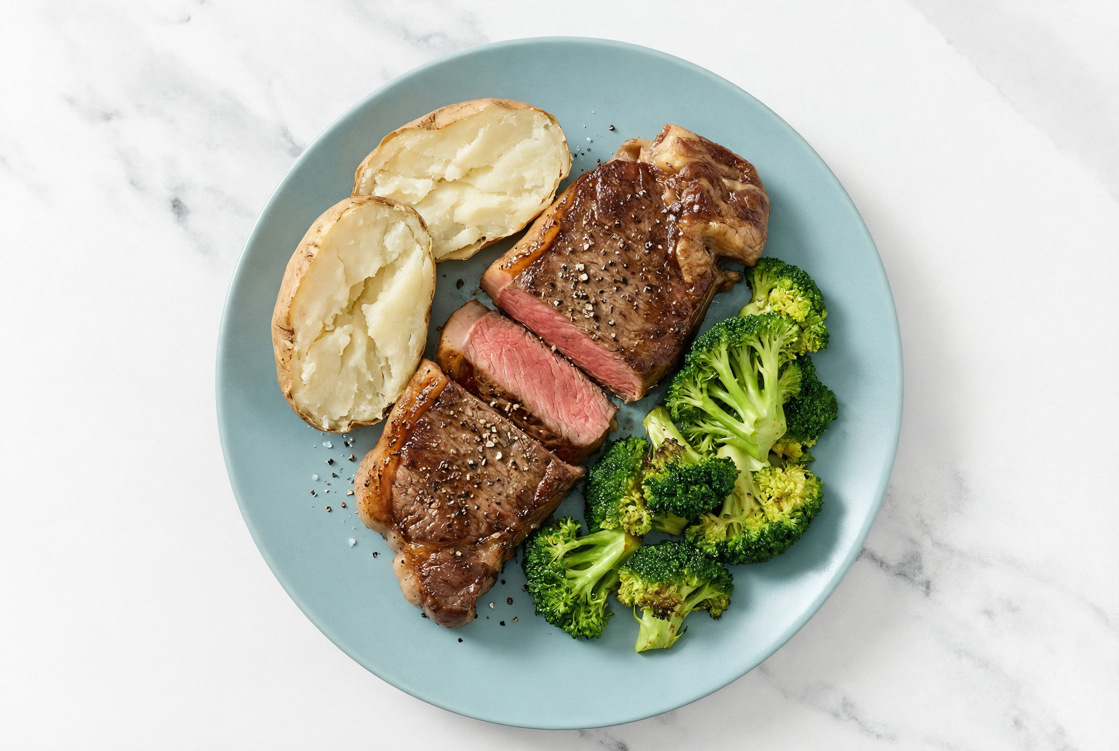 Strip Steak with Organic Broccoli + Baked Potato