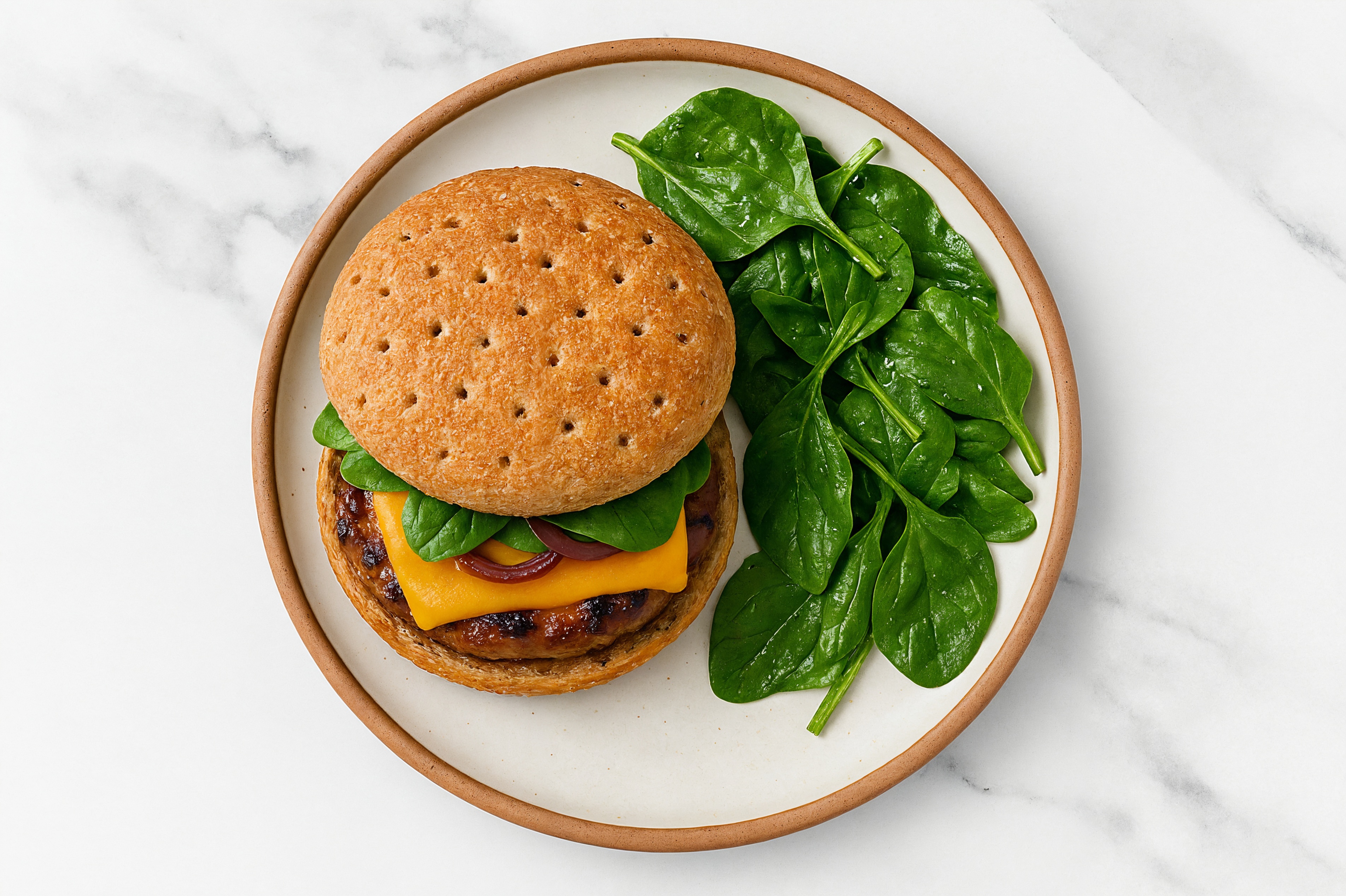 Caramelized Brisket Cheeseburger with Organic Spinach Salad