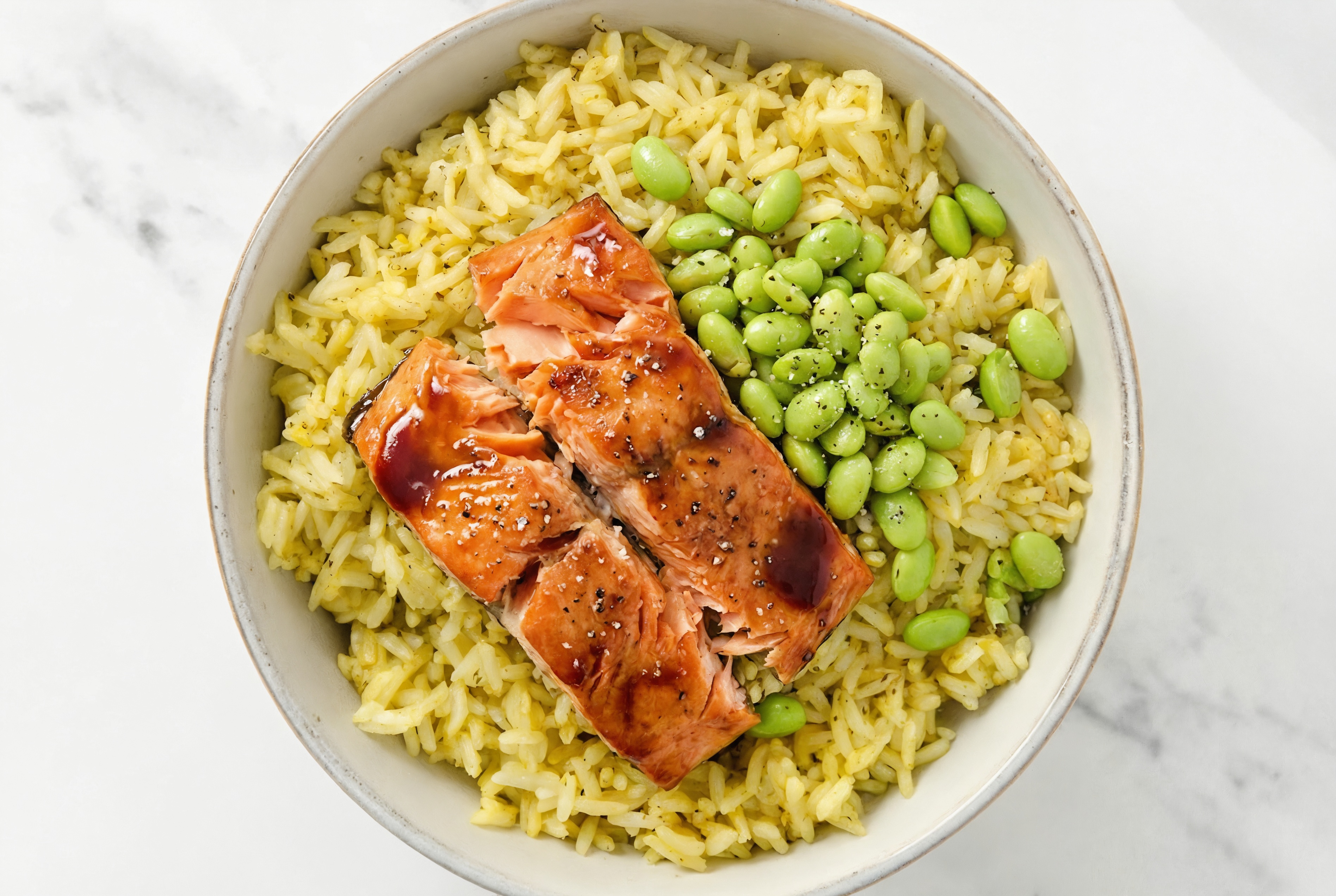 BBQ Glazed Wild Salmon + Edamame Grain Bowl