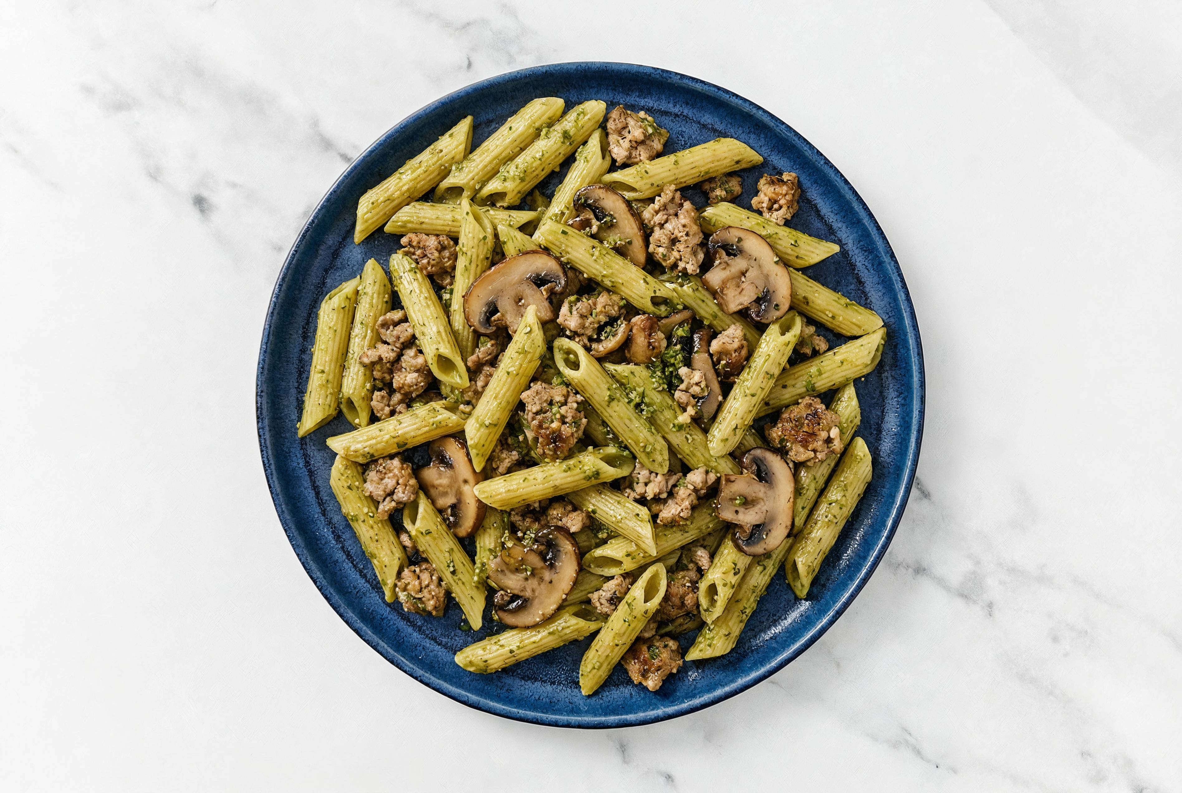 Penne Pesto with Ground Lamb & Mushrooms