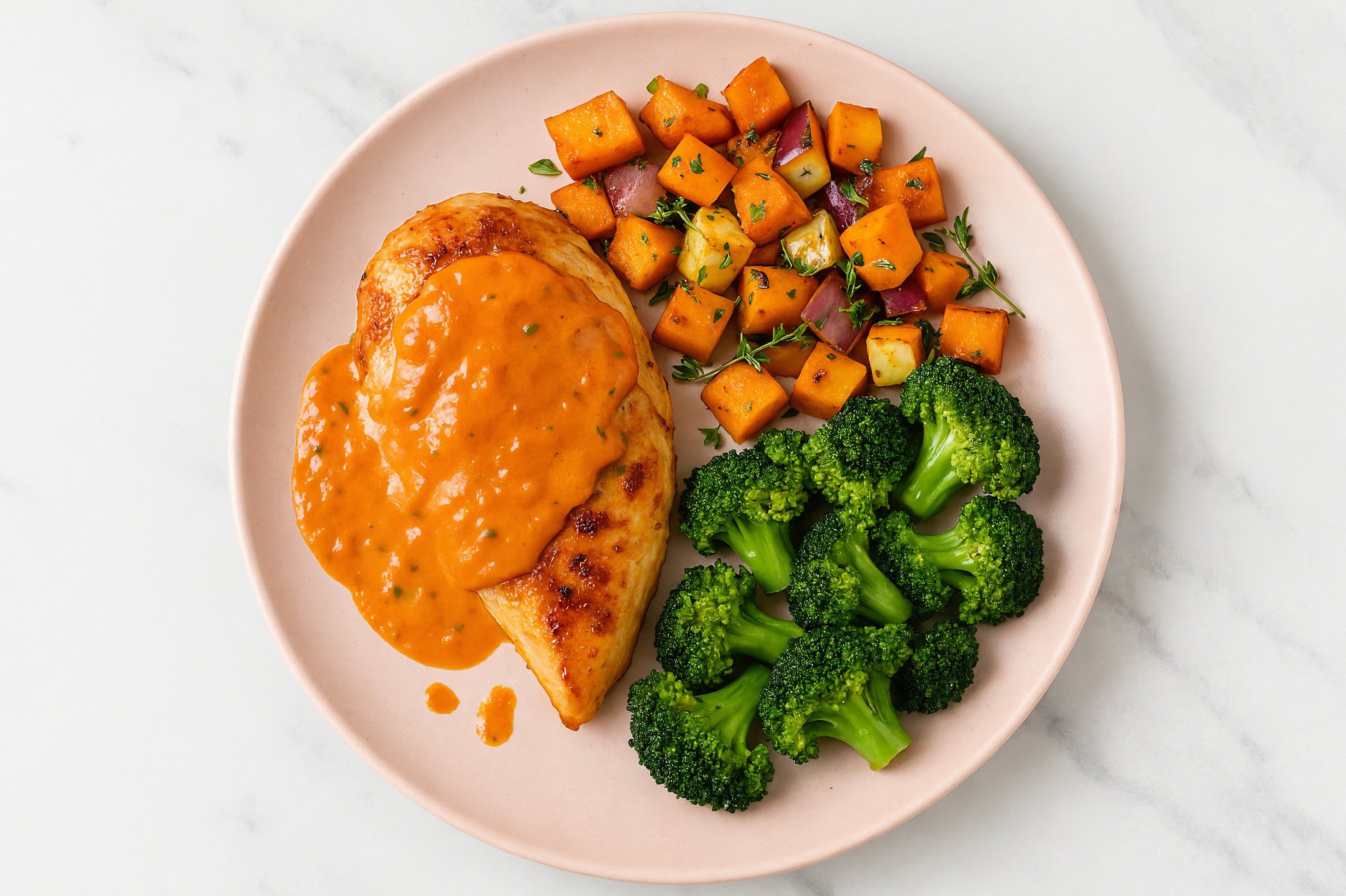 Creamy Vodka Smothered Chicken Breasts with Broccoli & Roasted Vegetables