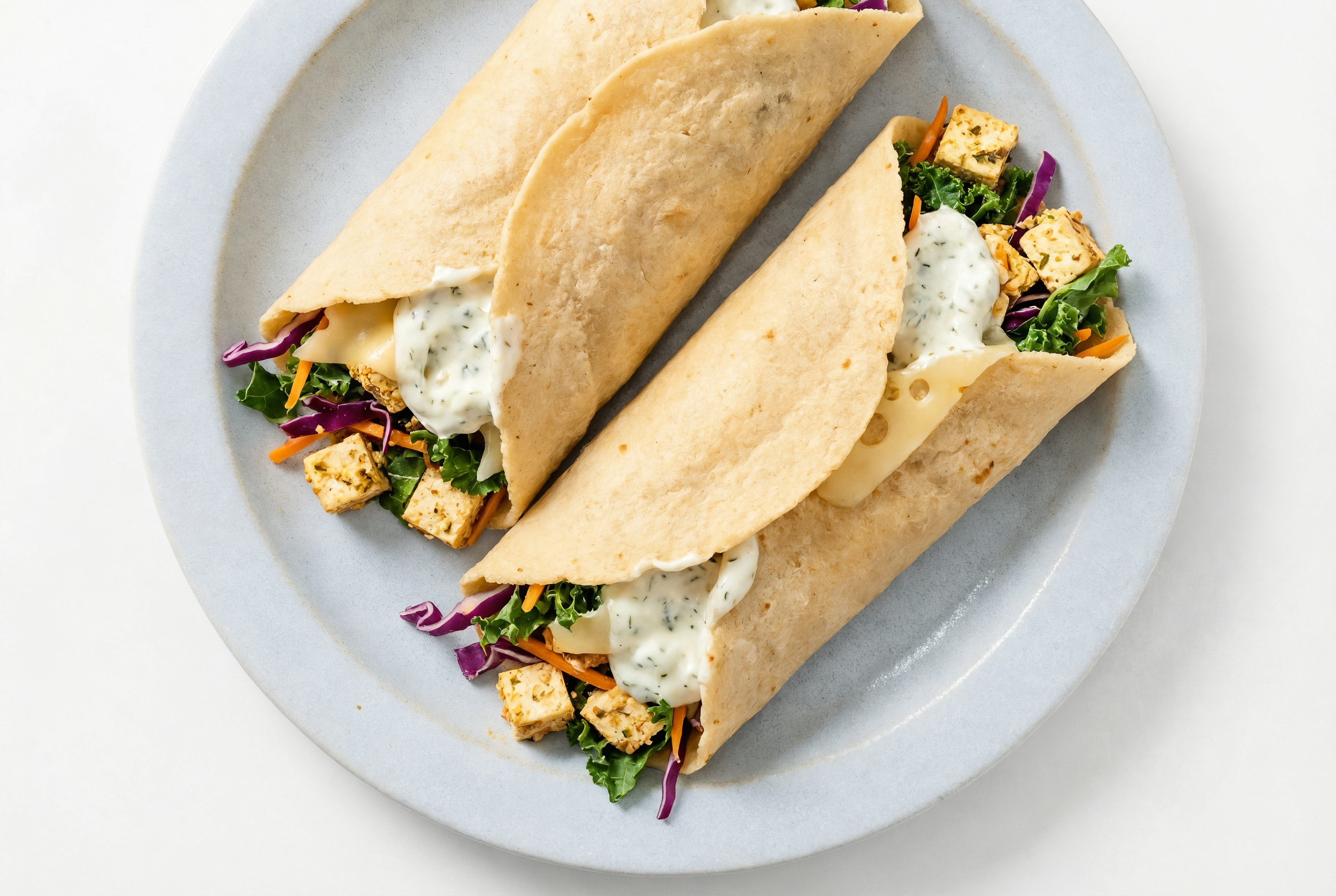 Tzatziki Spiced Tofu + Swiss Tortilla Wraps with Rainbow Veggies
