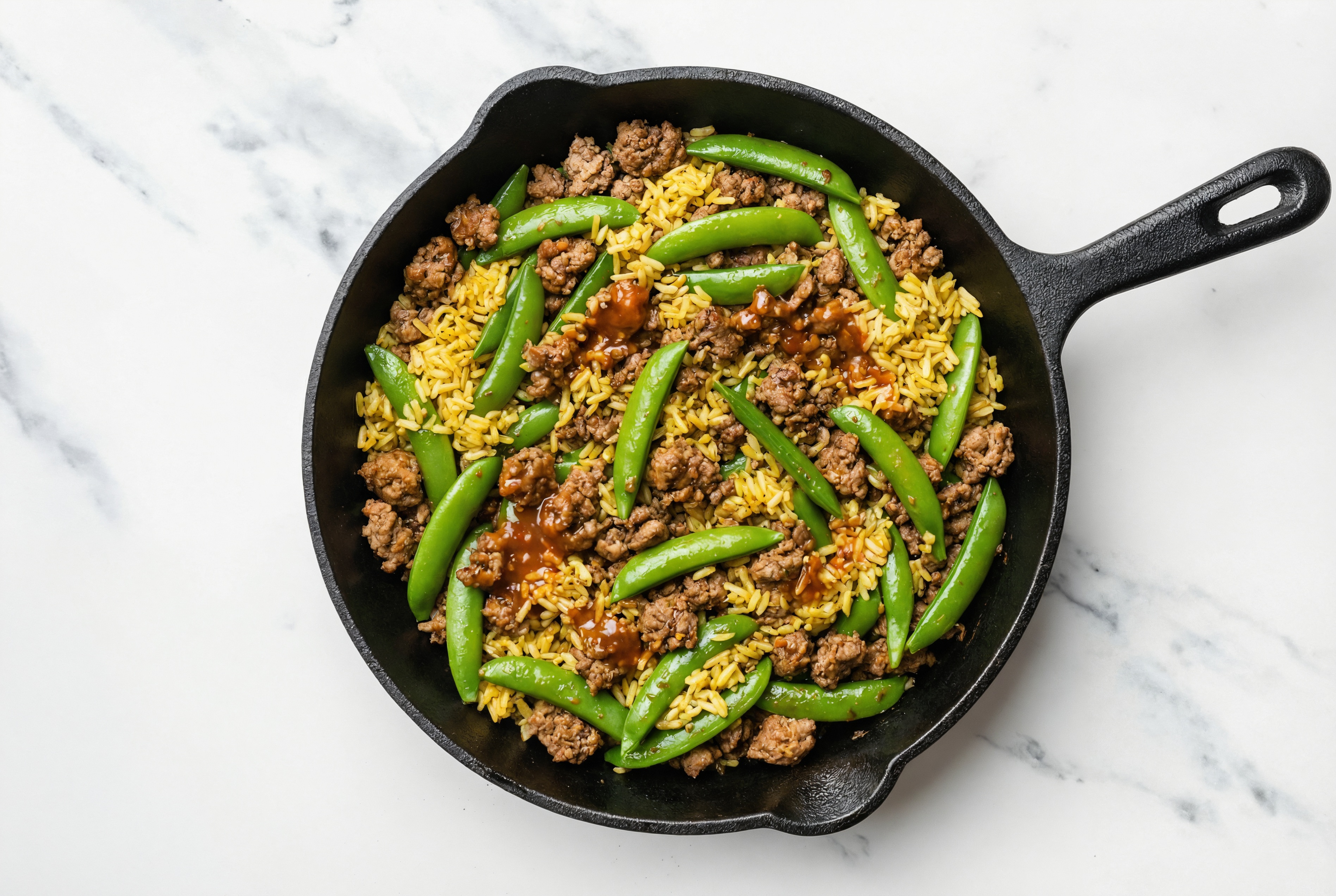 Sesame Ginger Pea Snap + Ground Bison Stir-Fry with Seasoned Jasmine Rice