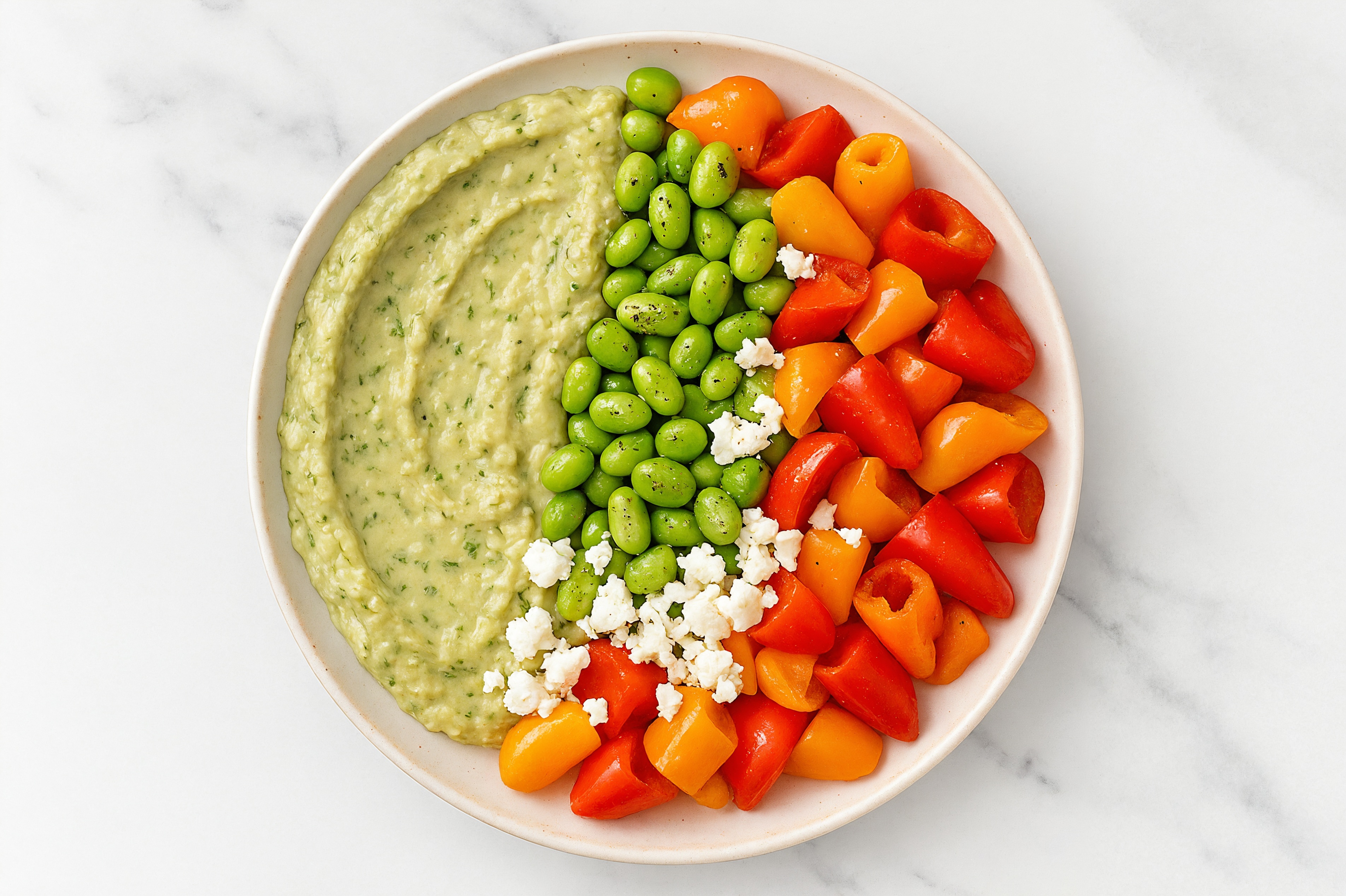 Feta Sweet Pepper Edamame Bowl over Spinach Artichoke Dip