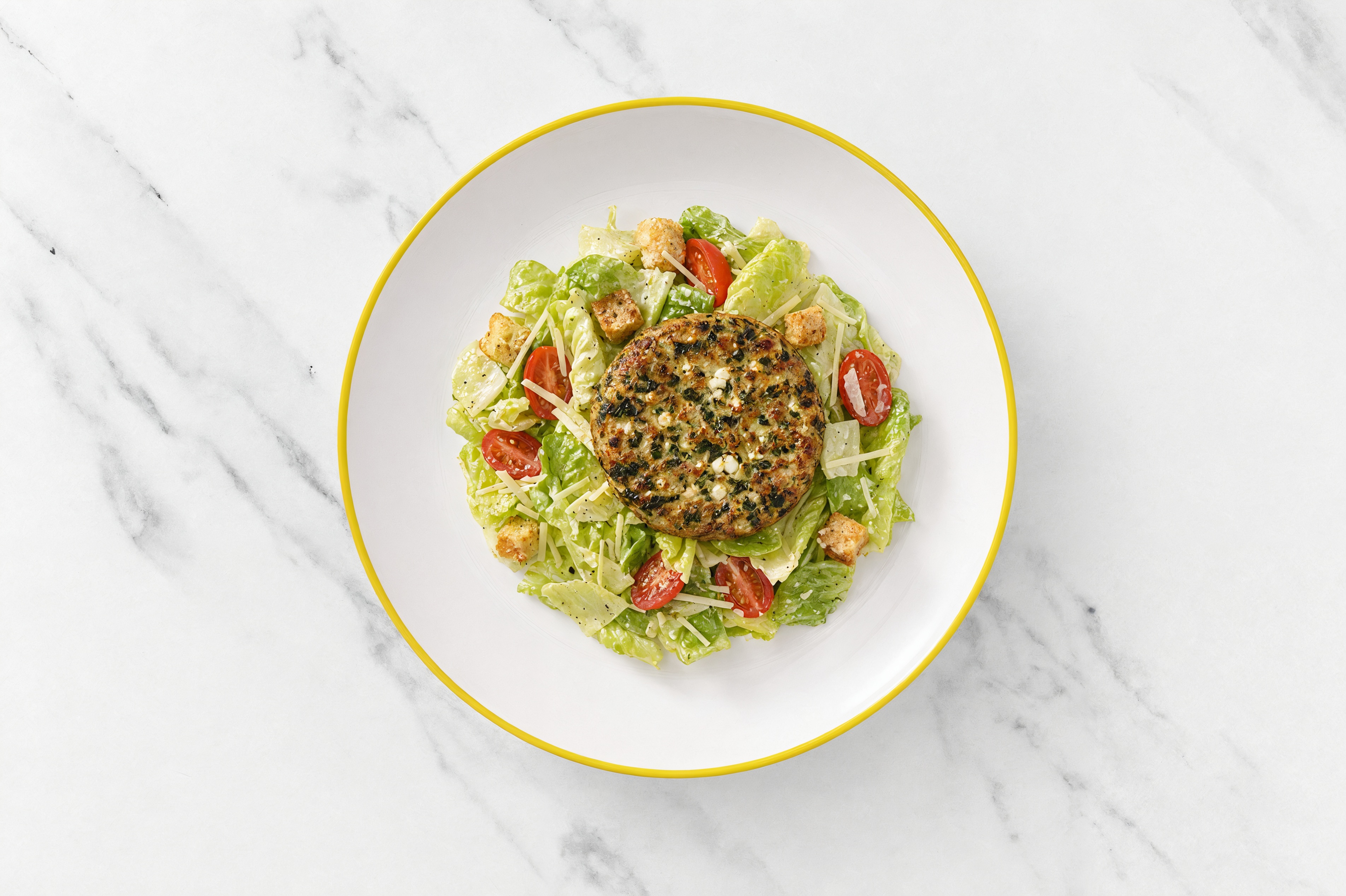 Caesar Salad with Feta Turkey Patties + Grape Tomatoes