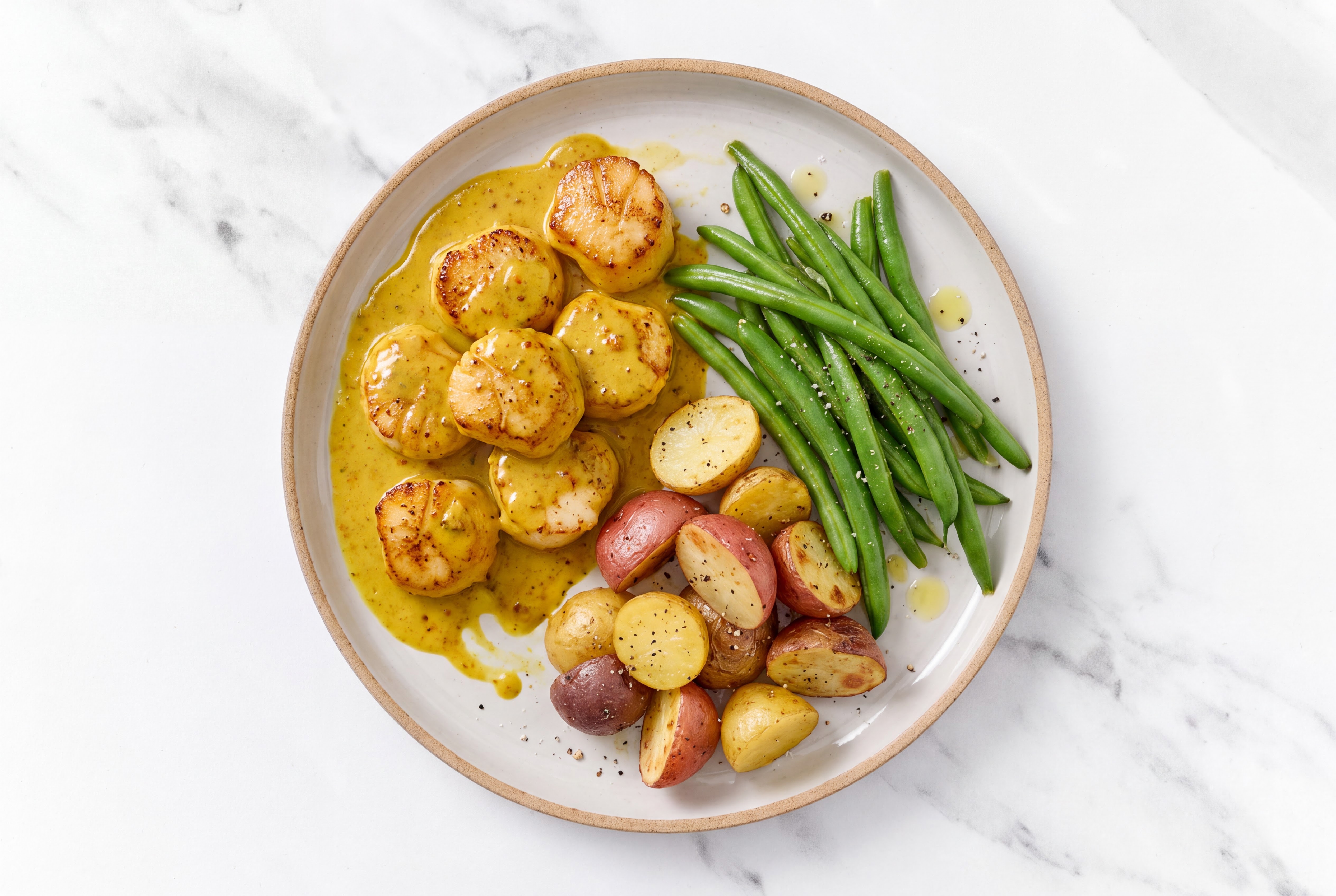 Curry Jumbo Scallops with Creamer Potatoes & Organic Green Beans