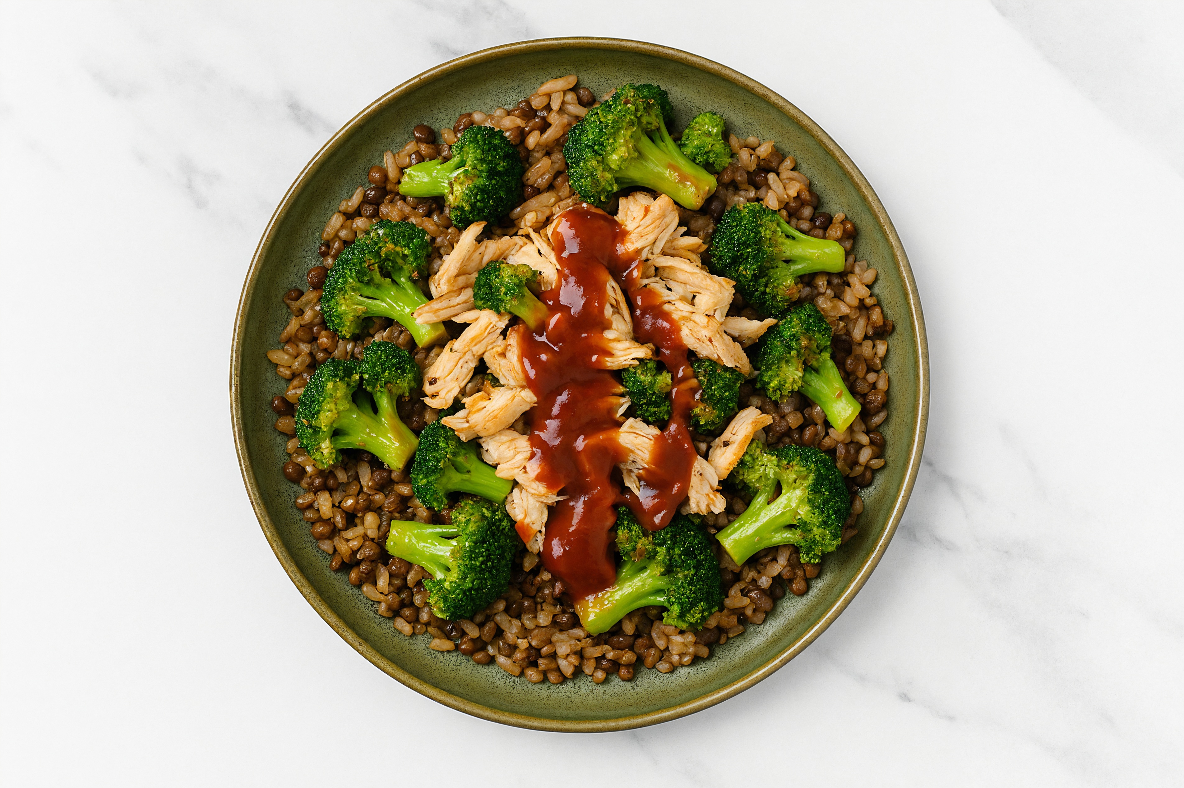 Pulled Chicken Lentil Bowl with BBQ Sauce & Broccoli with Original BBQ