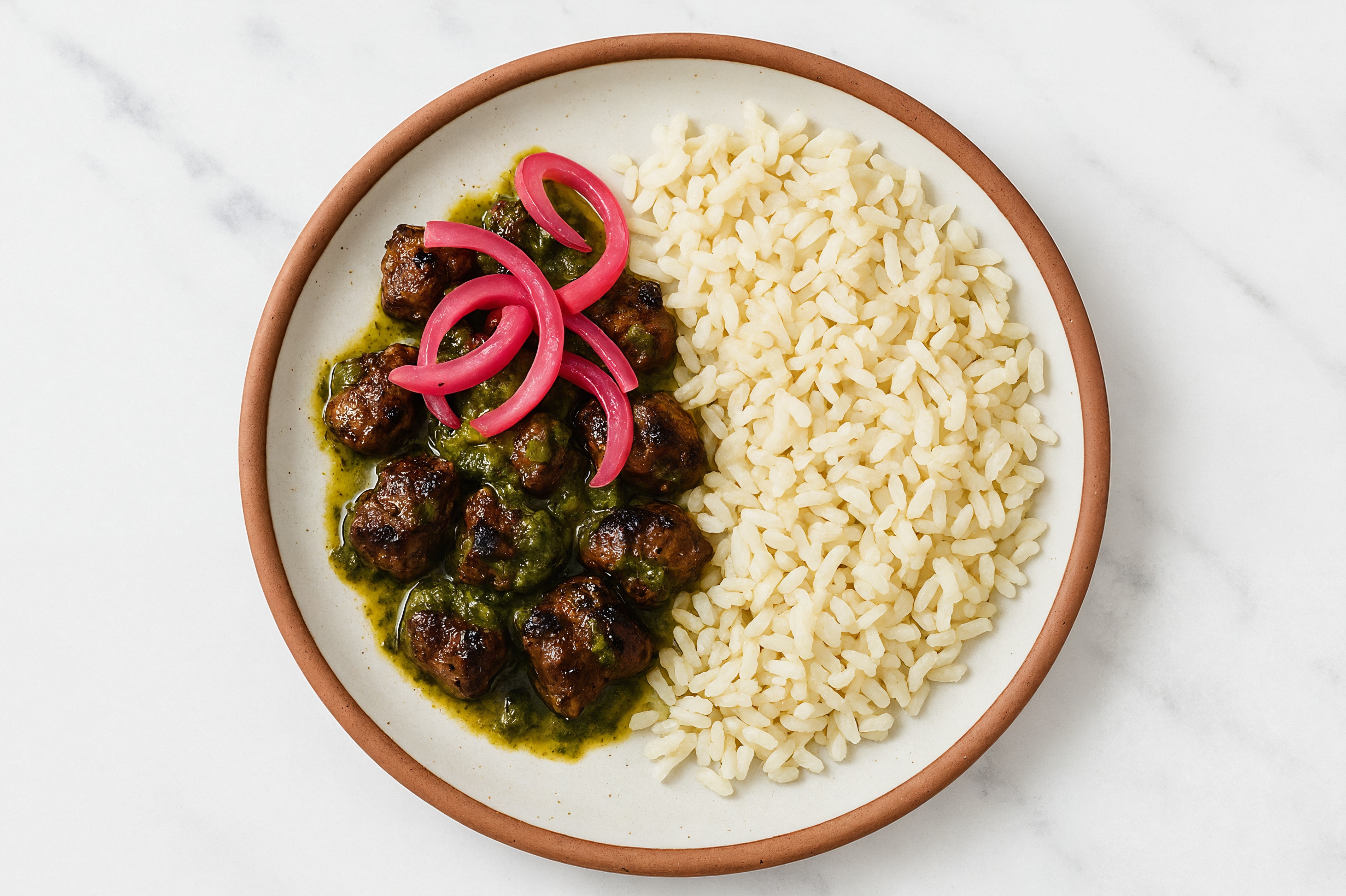 Beef + Chimichurri Rice Bowl with Pickled Onions