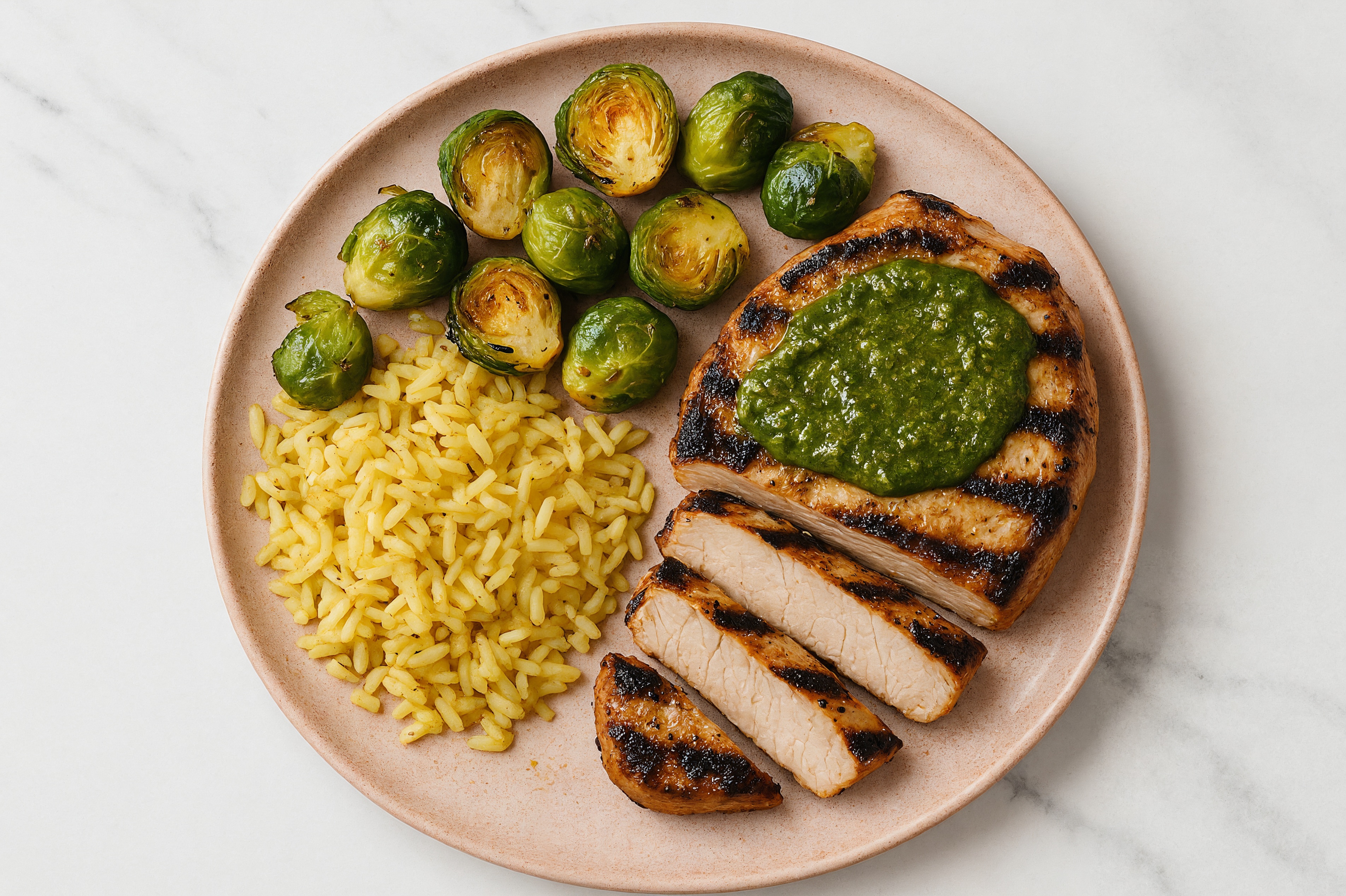 Pesto Grilled Pork with Crispy Brussels with Seasoned Jasmine Rice