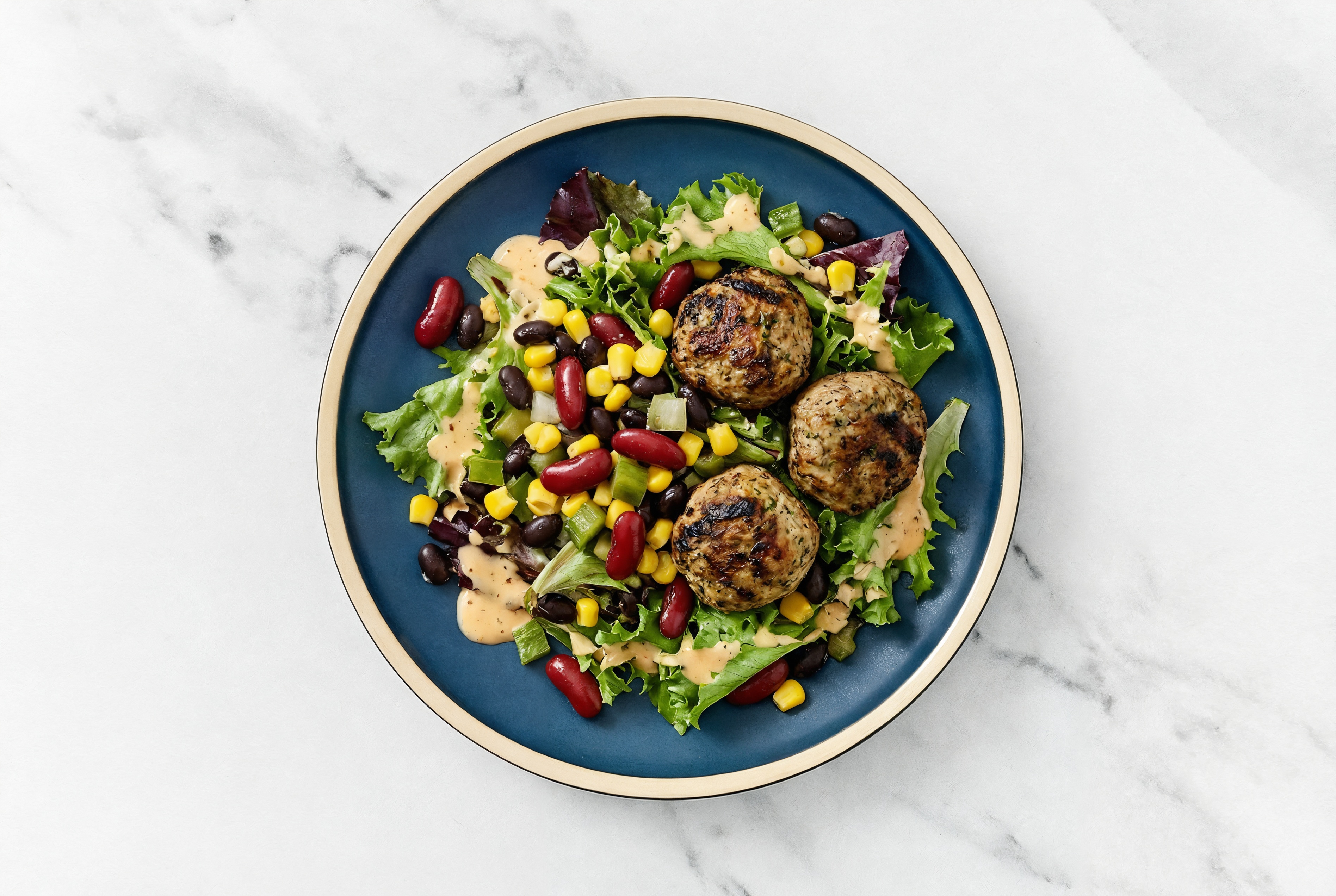 Buffalo Ranch Spring Mix Salad with Turkey Meatballs & Black Beans