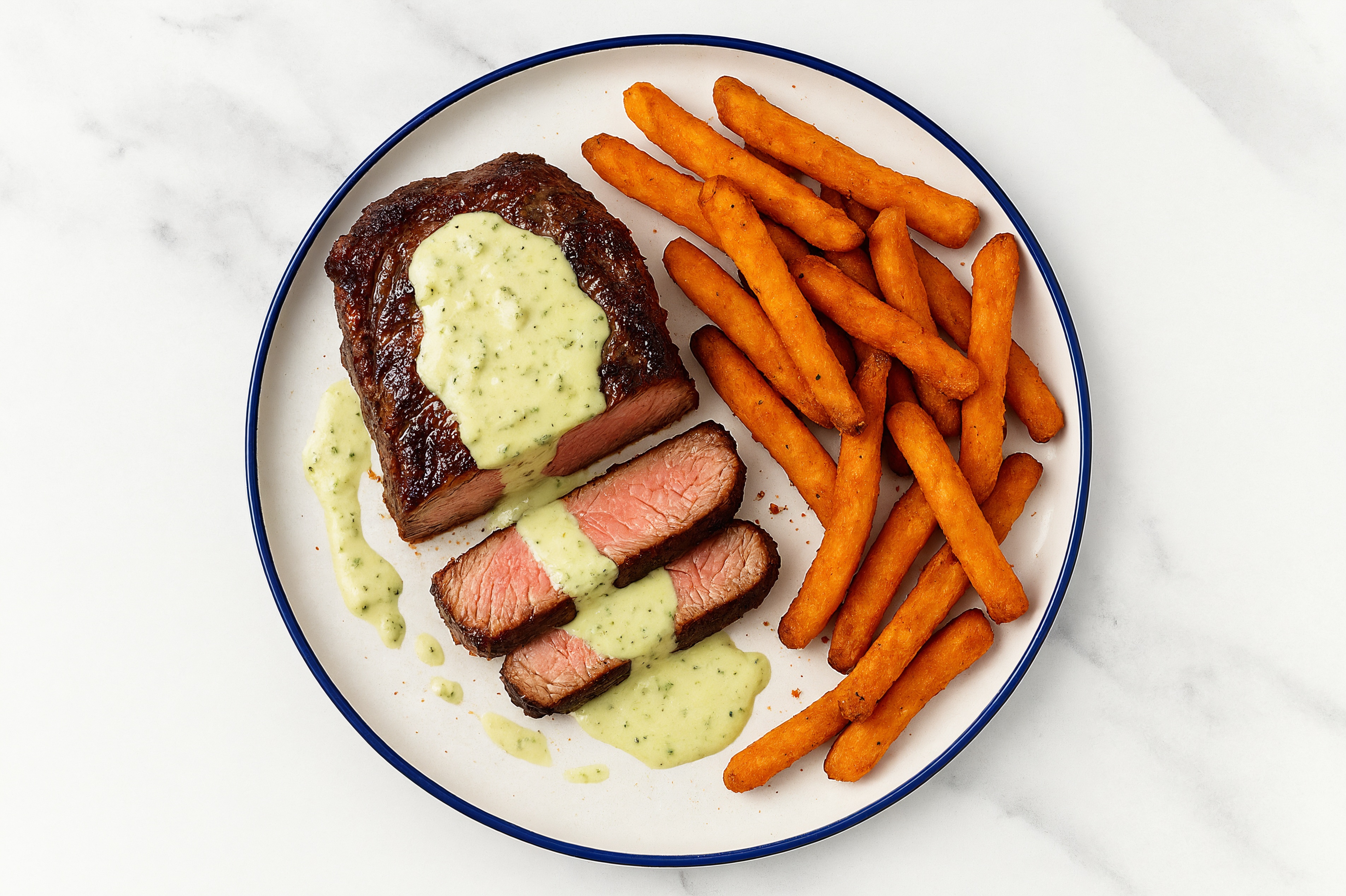 New York Wagyu Strip with Jalapeño Crema + Sweet Potato Fries