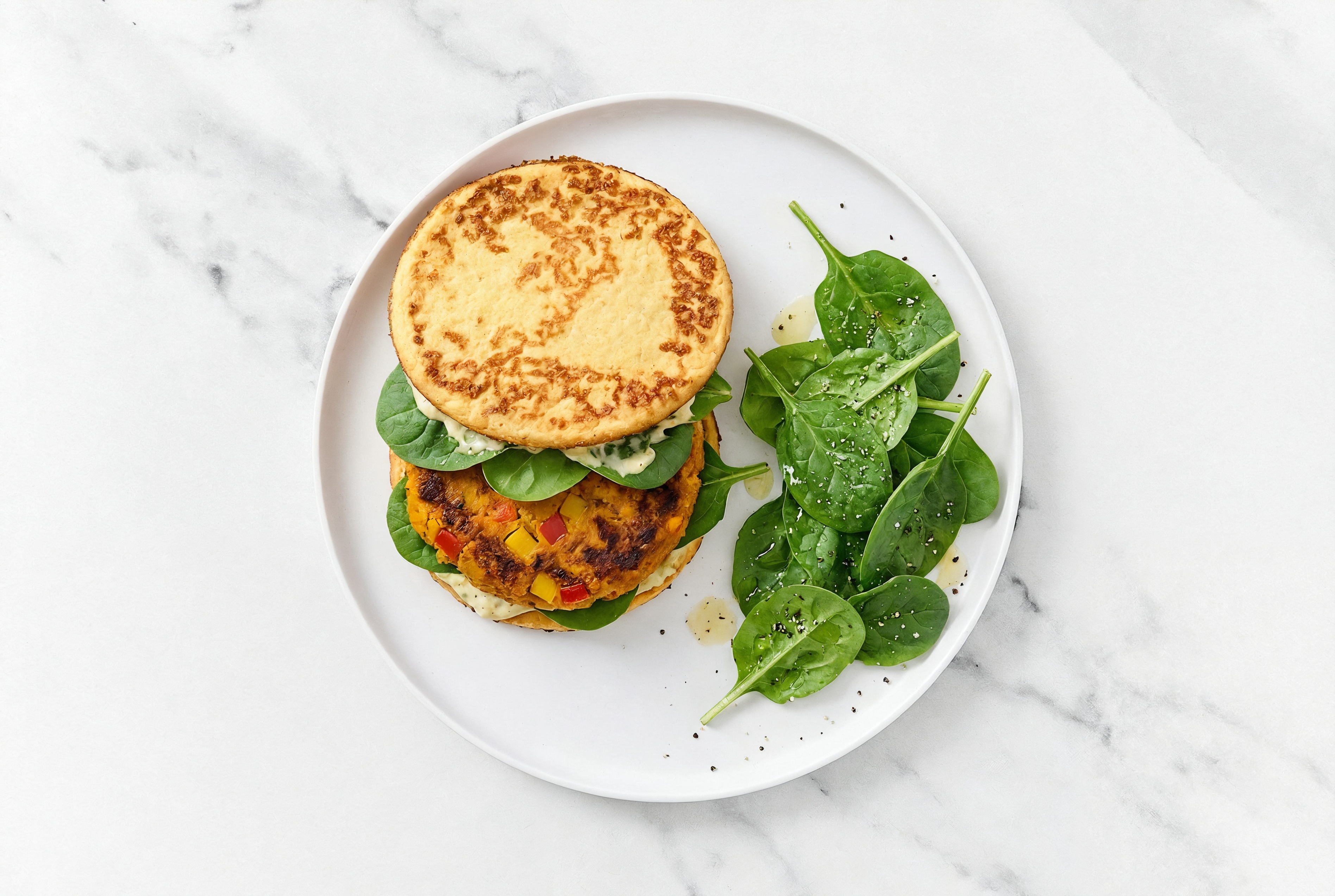 Low-Carb Honey Mustard Sweet Potato Veggie Burger with Garlicky Smoky BBQ Dipping Sauce