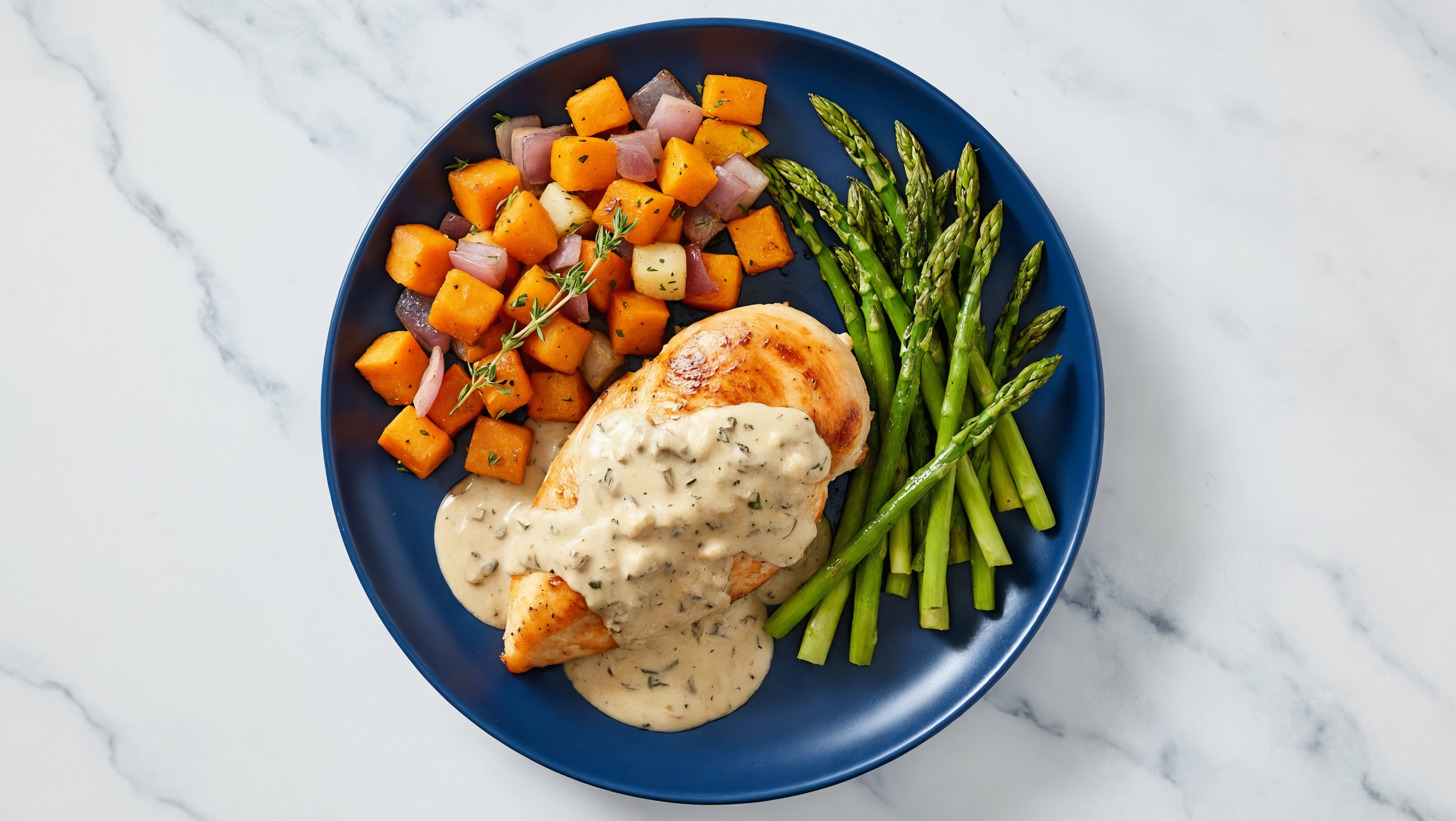 Creamy Truffle Smothered Chicken Breasts with Asparagus & Roasted Vegetables