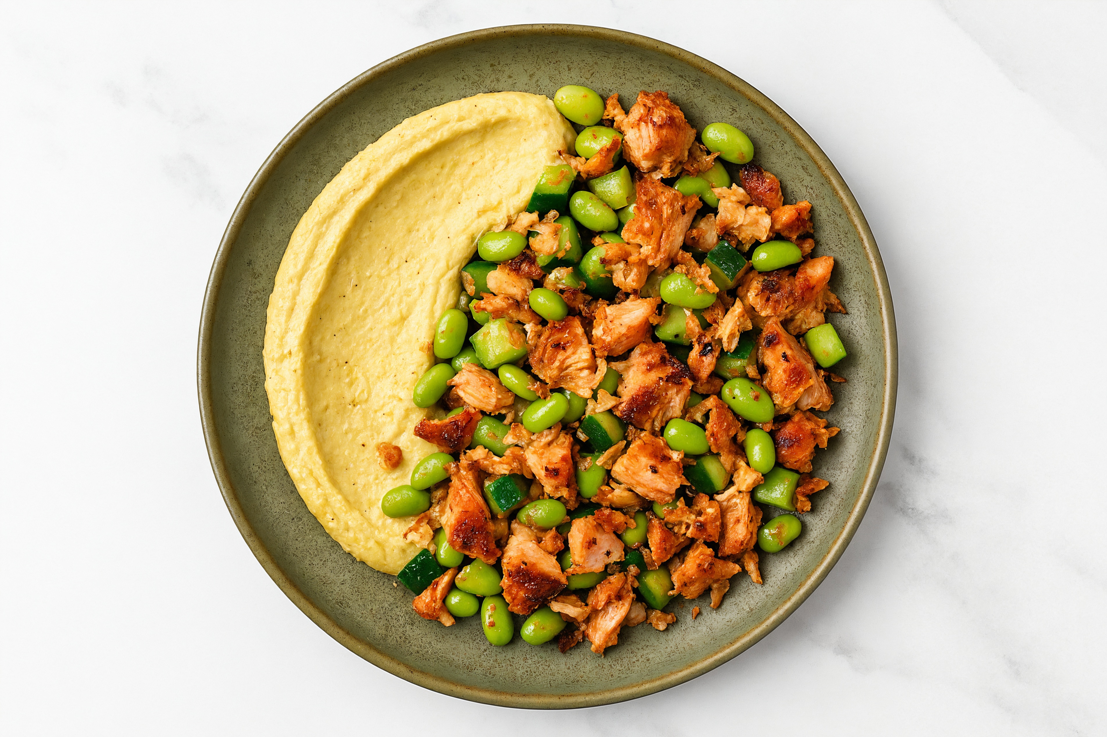 Blackened Salmon + Edamame Veggie Bowl with French Onion Hummus