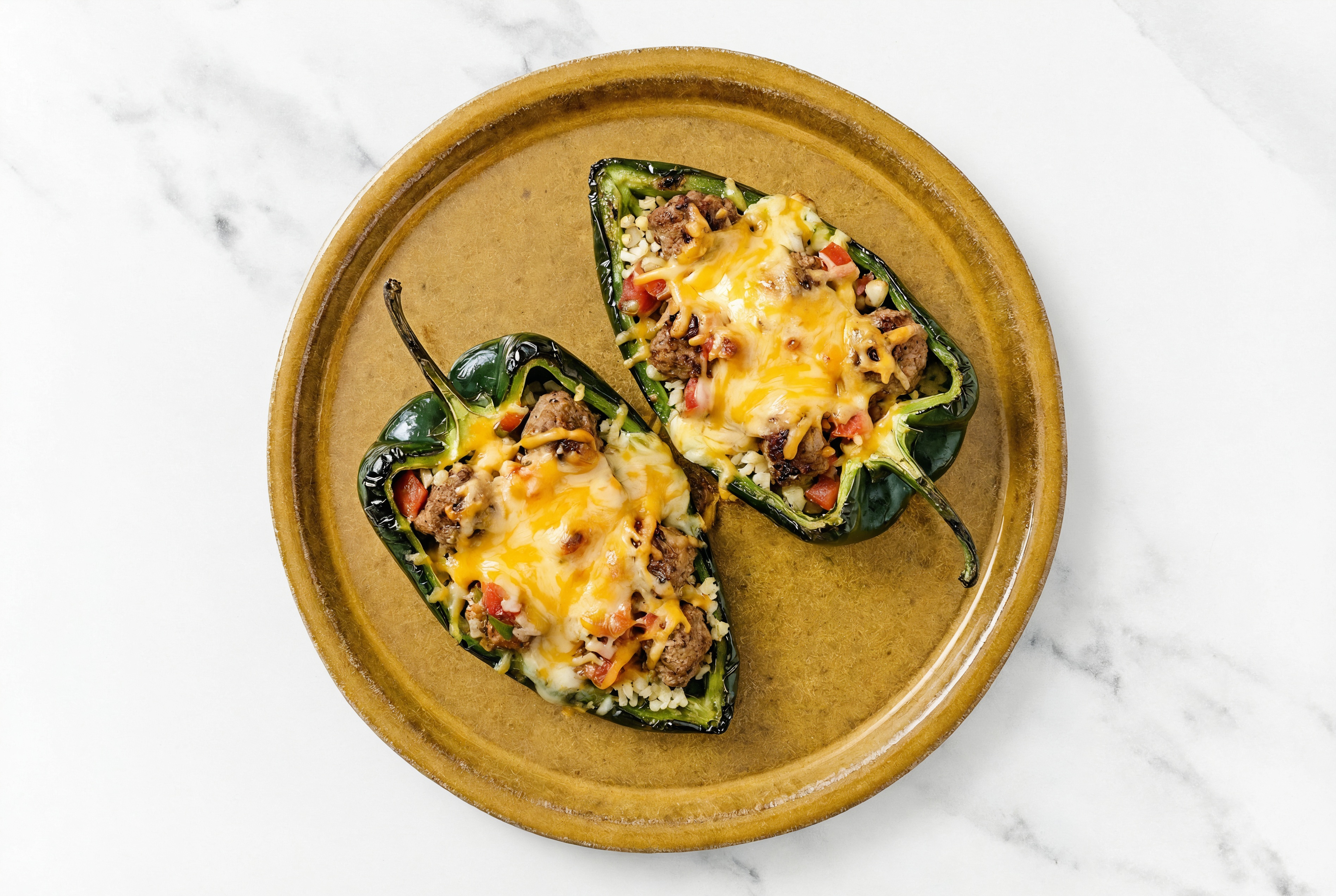 Cheesy Meatball Stuffed Poblano Peppers with Riced Cauliflower