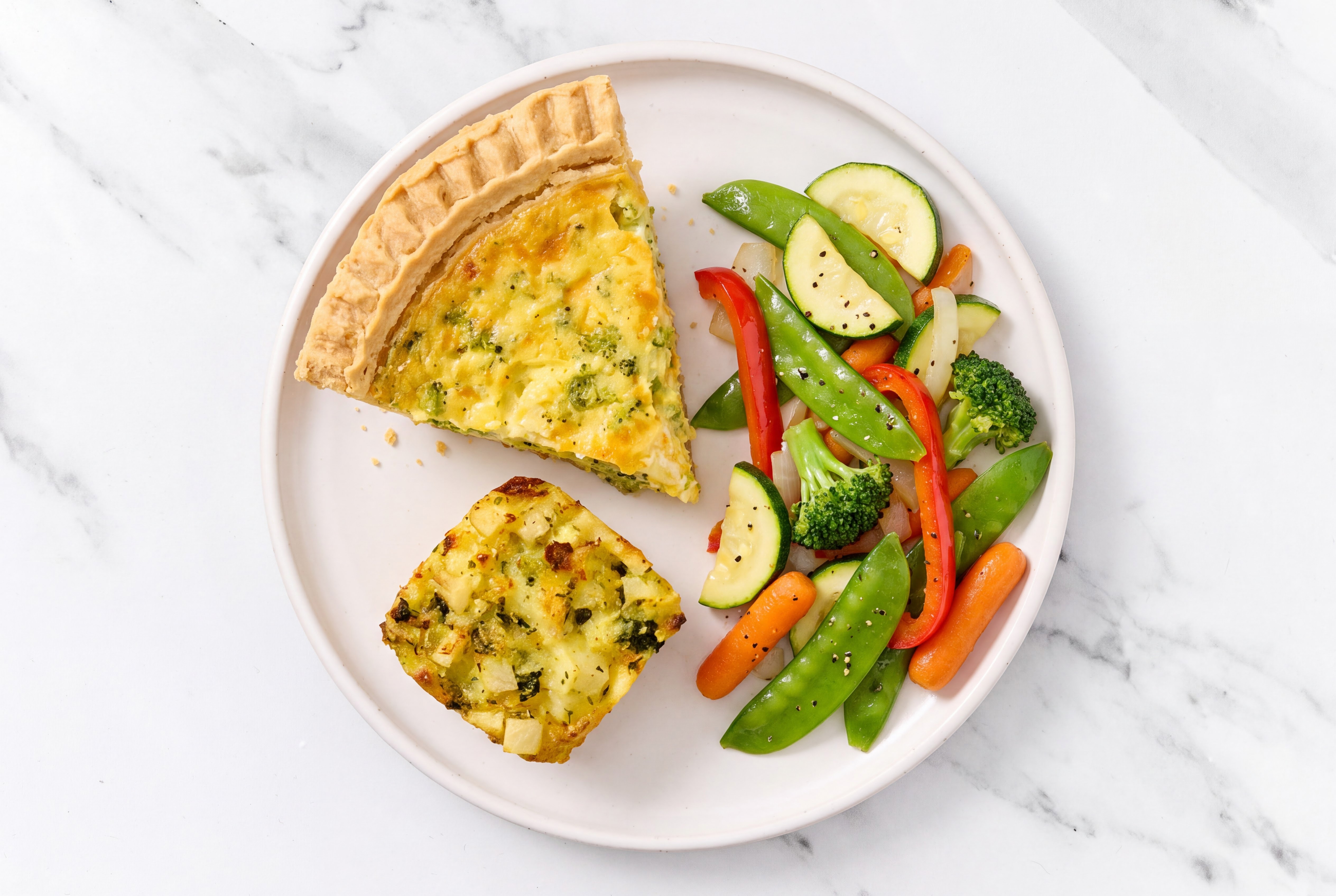 Broccoli & Cheddar Quiche with Veggies & Potato Bake