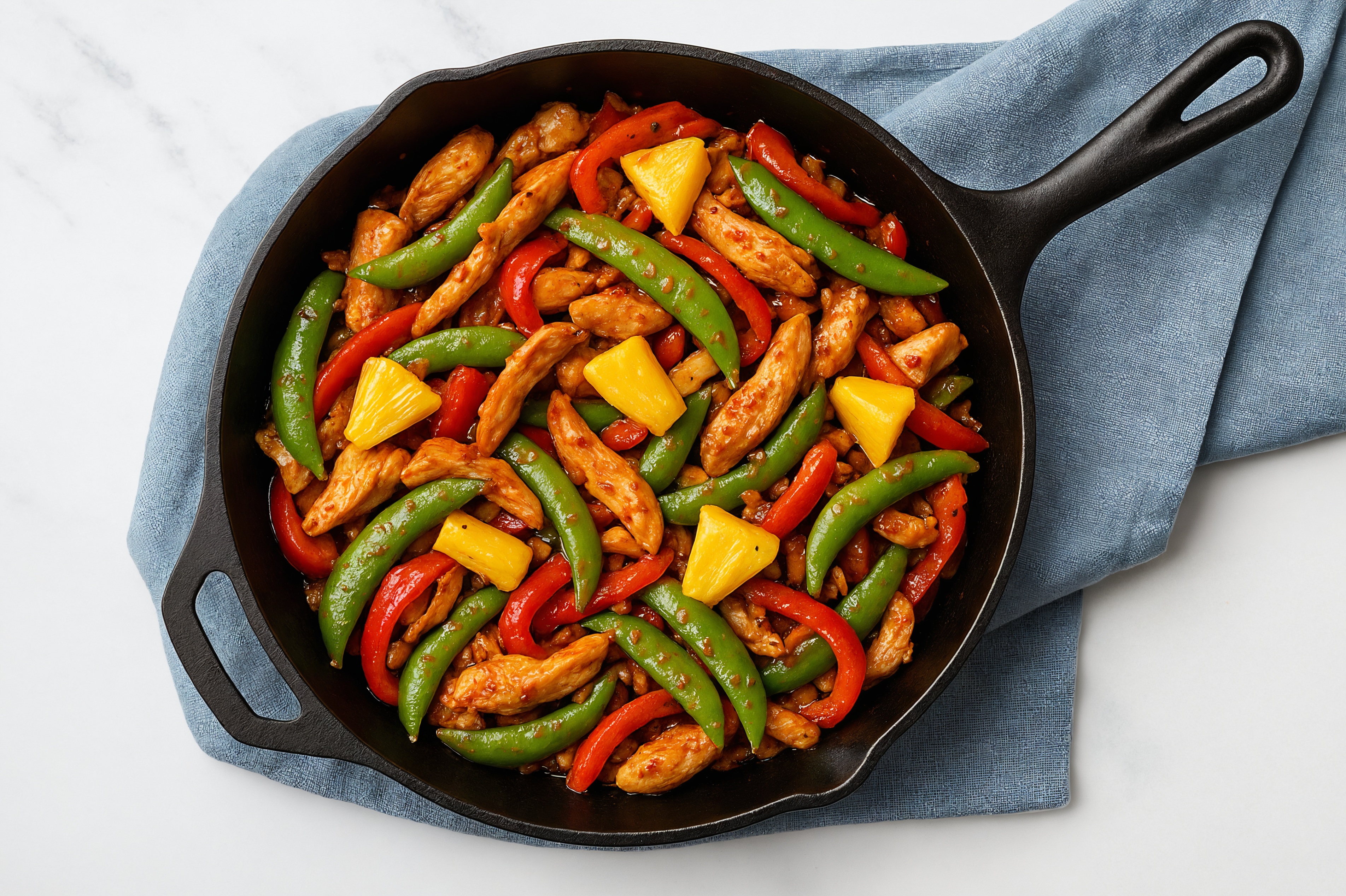 Chili Crisp Chicken with Pea Snaps, Bell Pepper + Pineapple