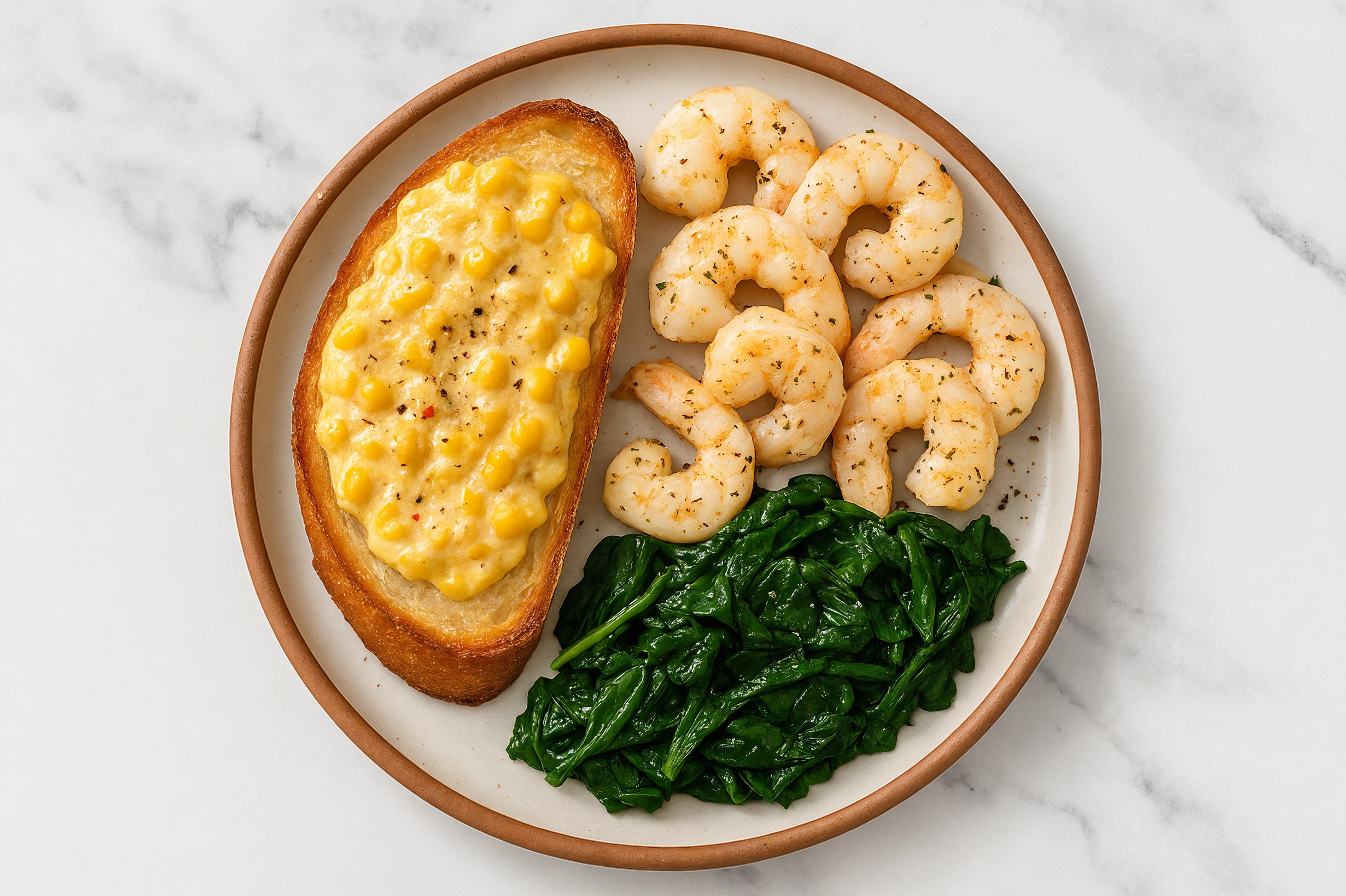 Jumbo Shrimp with Mexican Street Corn + Fresh Organic Spinach on Baguette