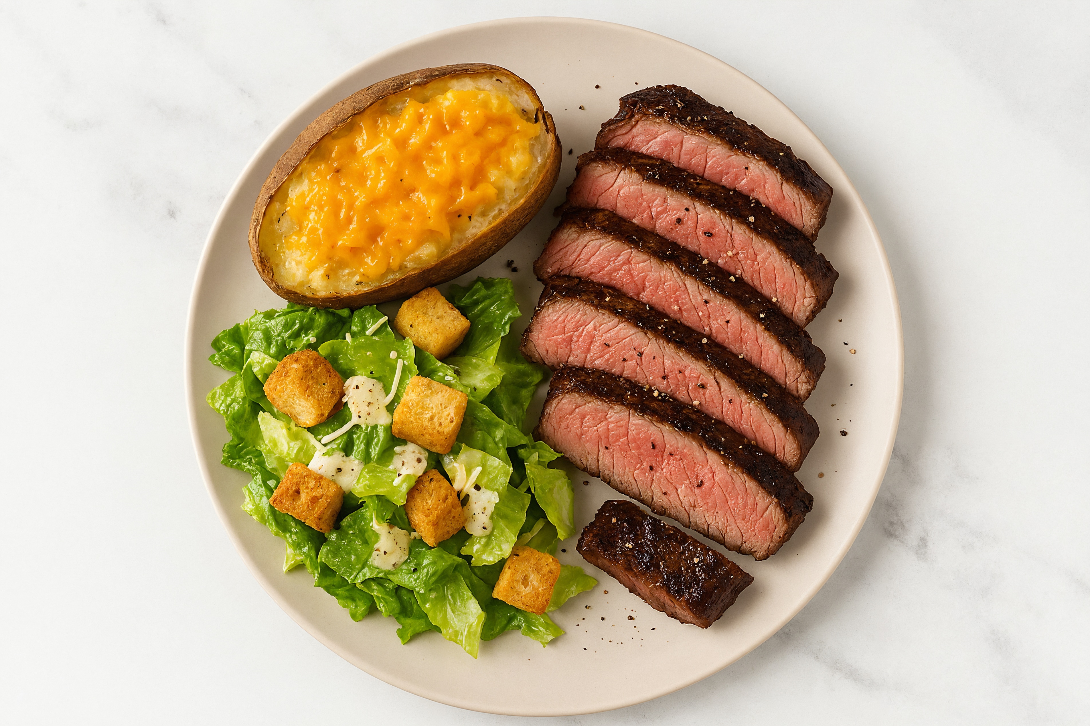 Wagyu Strip Steak with Caesar Salad + Twice-Baked Potato with Shredded Sharp Cheddar Cheese