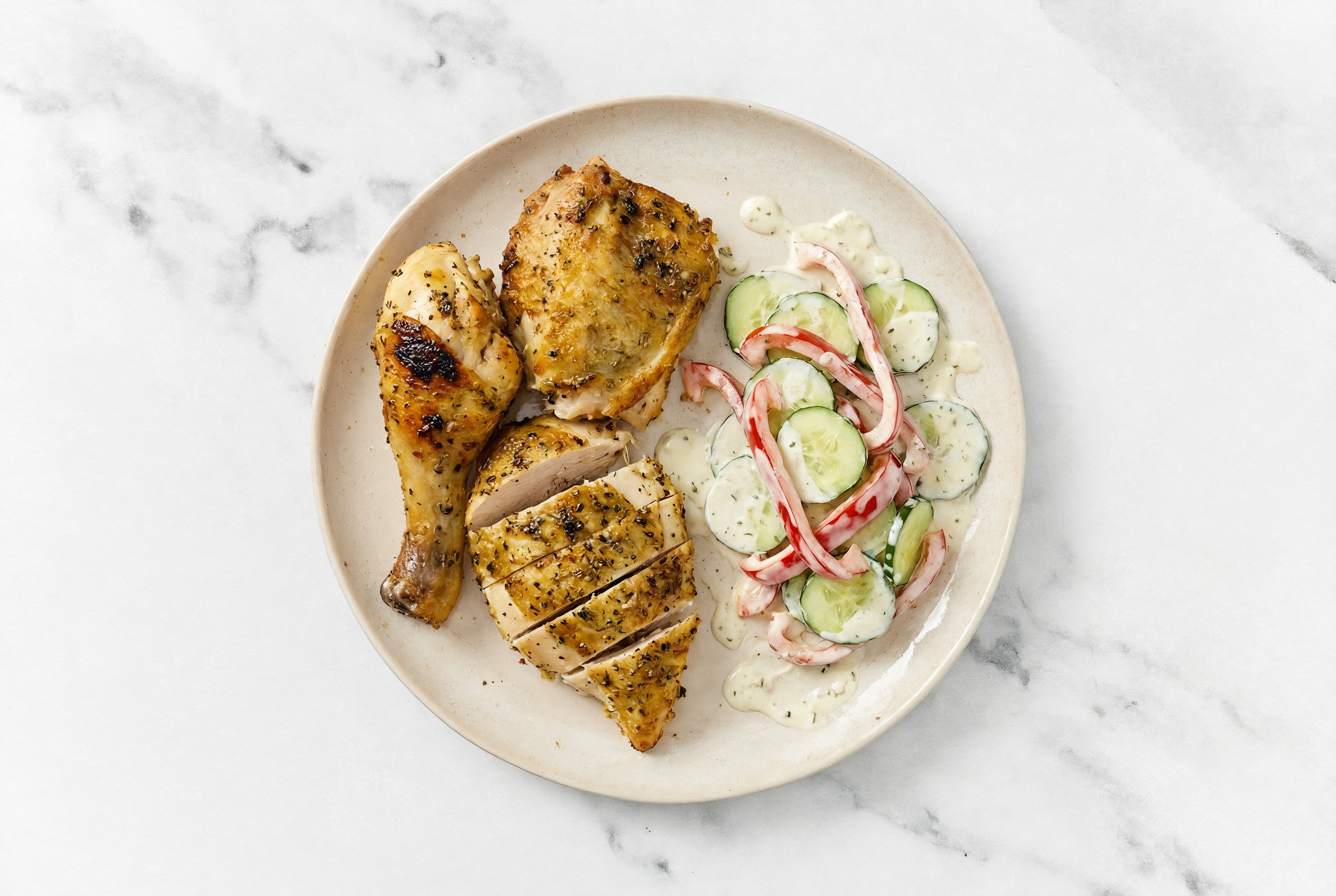 Juicy Lemon Chicken + Garlicky Cucumber Salad with Red Bell Pepper