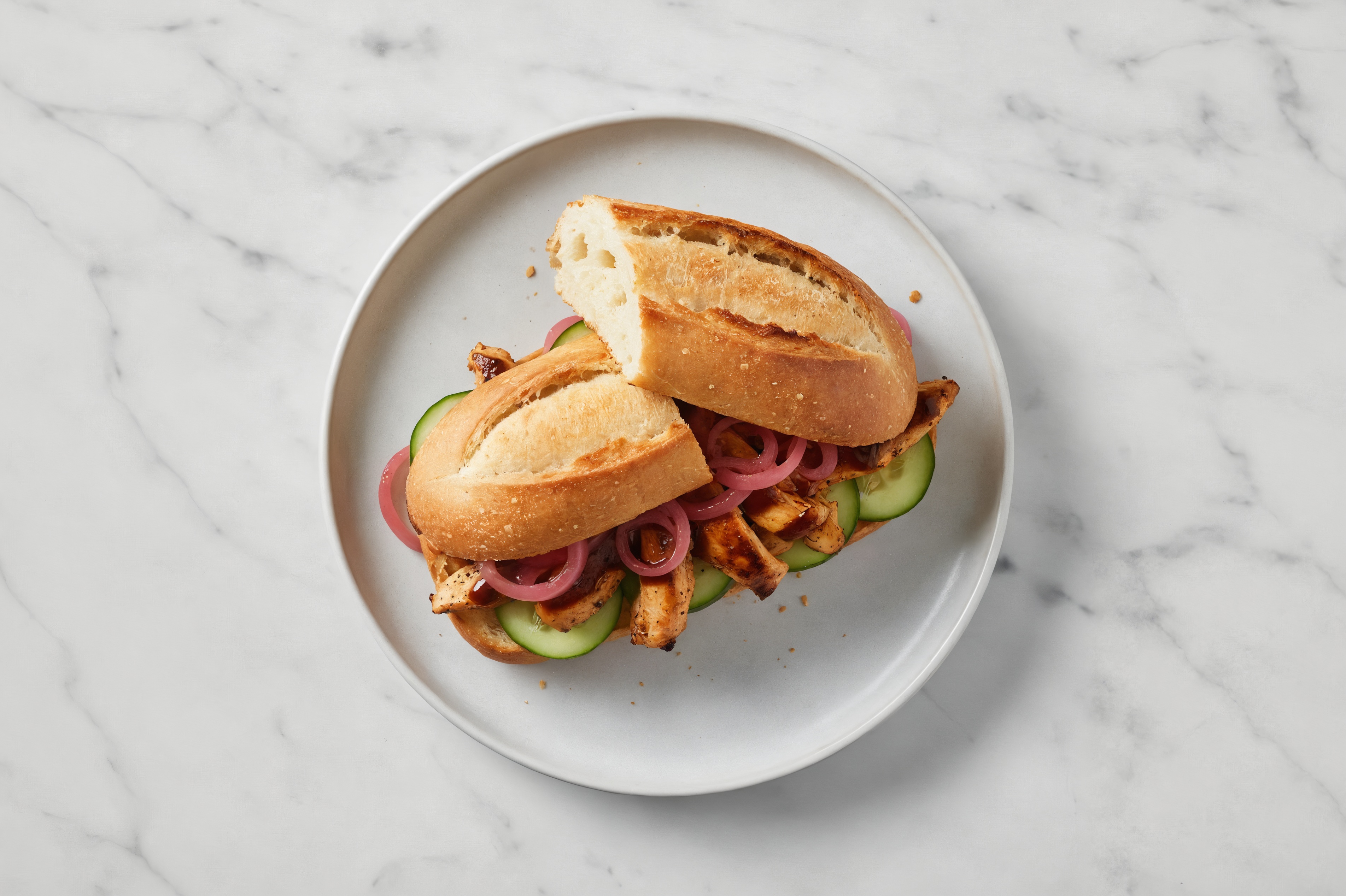 BBQ Chicken Baguette with Cucumber + Pickled Onion