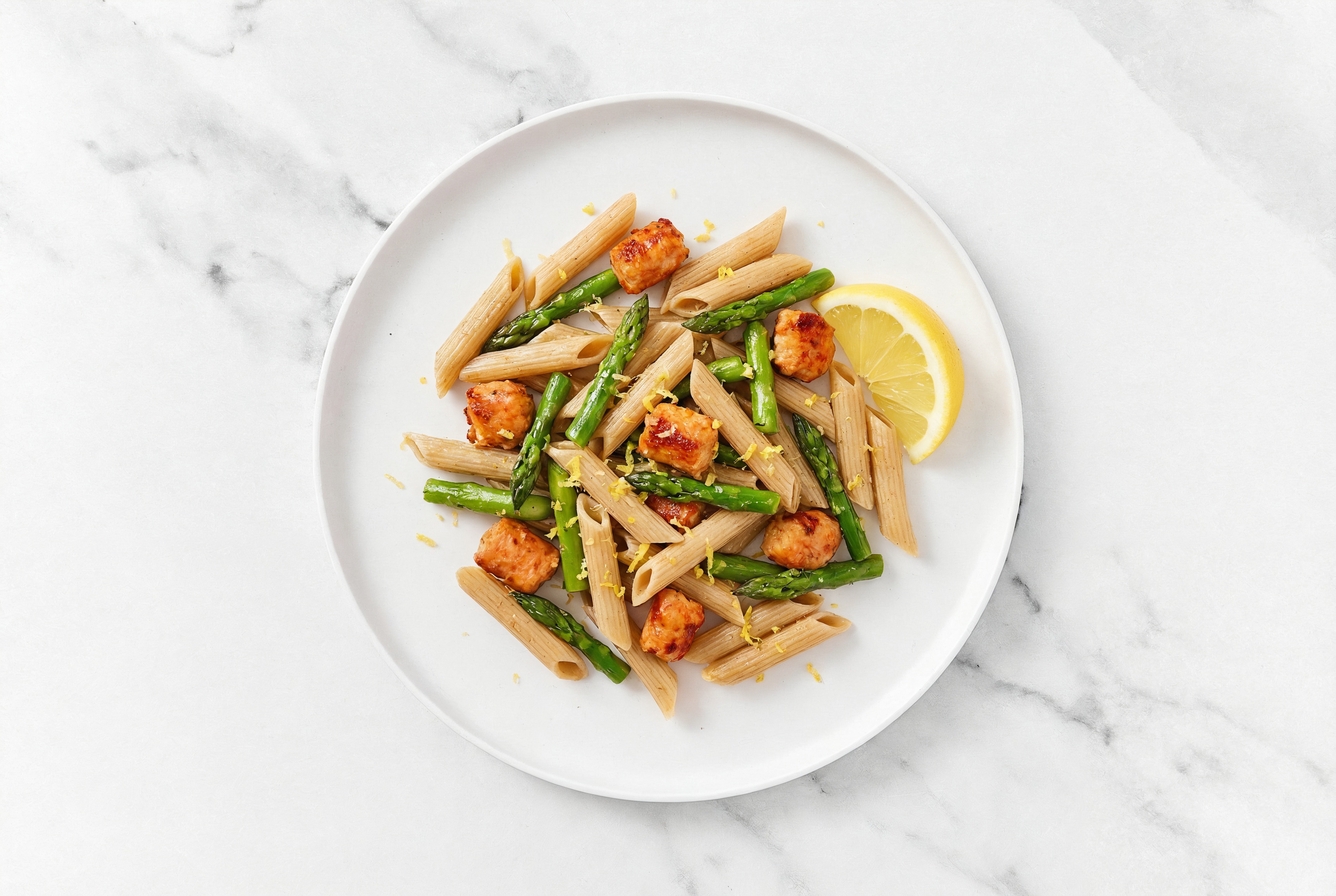Lemony Pasta with Hot Sausage + Asparagus with Sourdough Penne Rigate