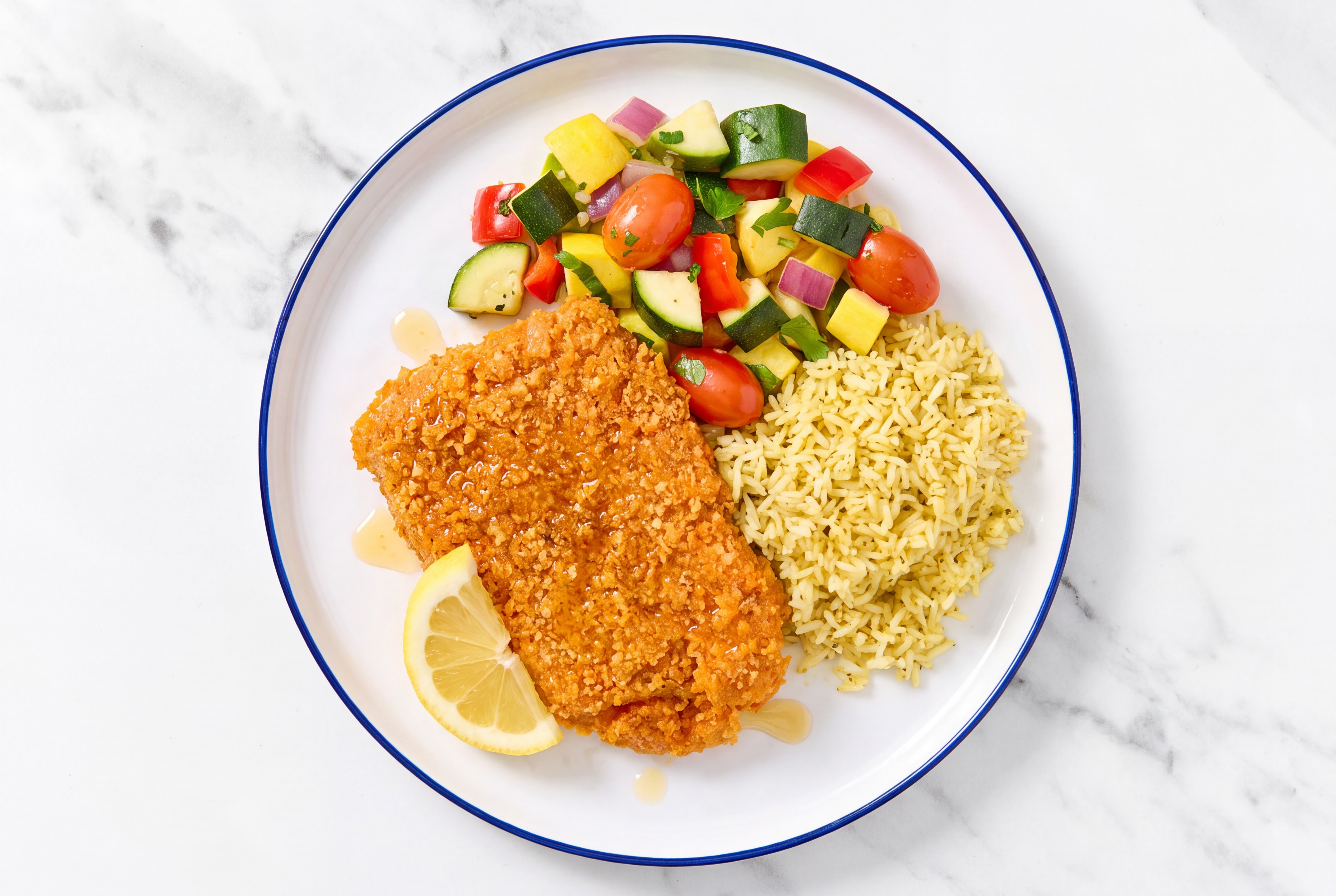 Lemon Hot Honey Breaded Chicken Cutlet with Squash Skillet & Jasmine Rice