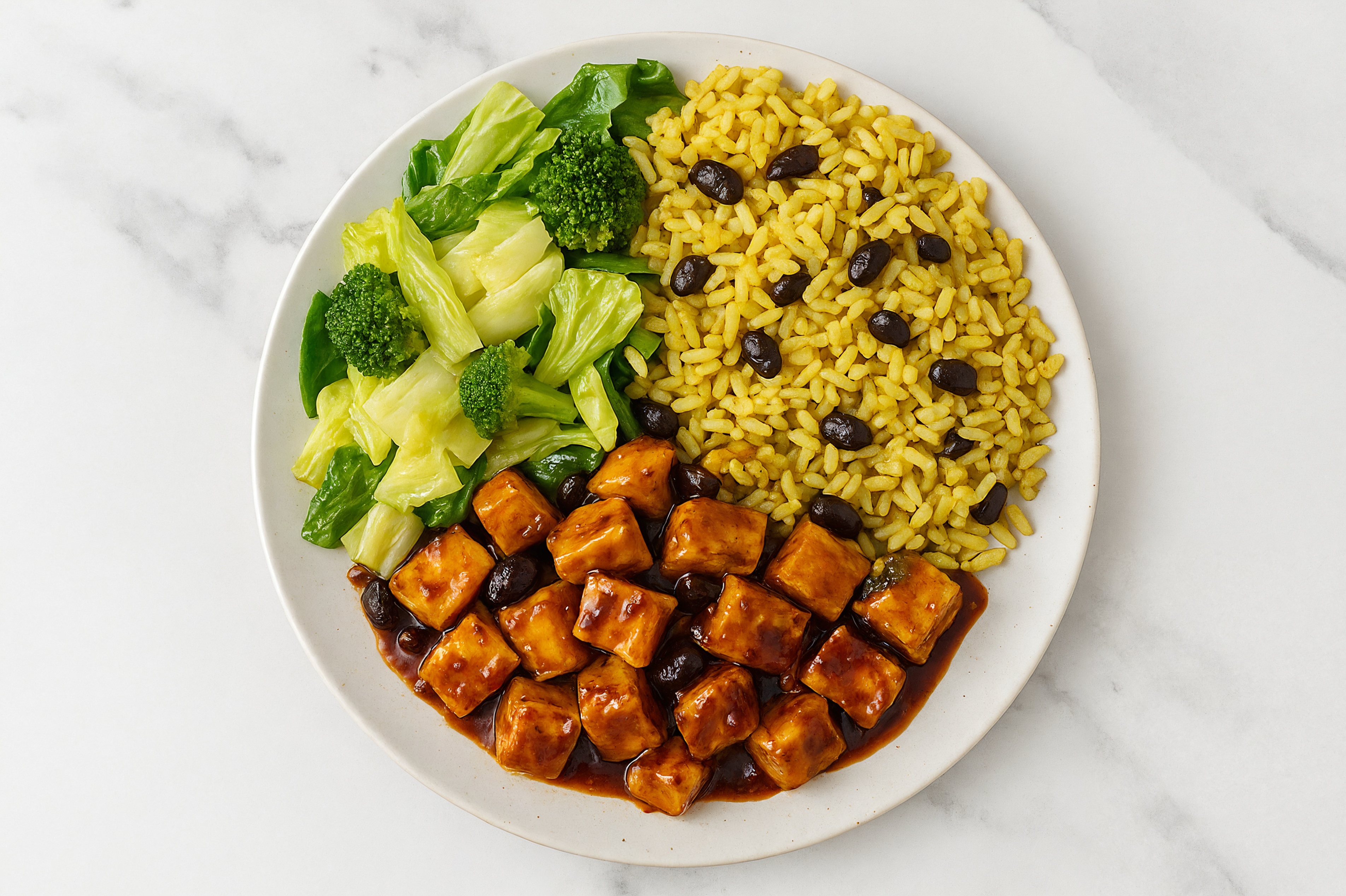 Bok Choy Teriyaki Tofu Grain Bowl with Seasoned White Rice + Black Beans