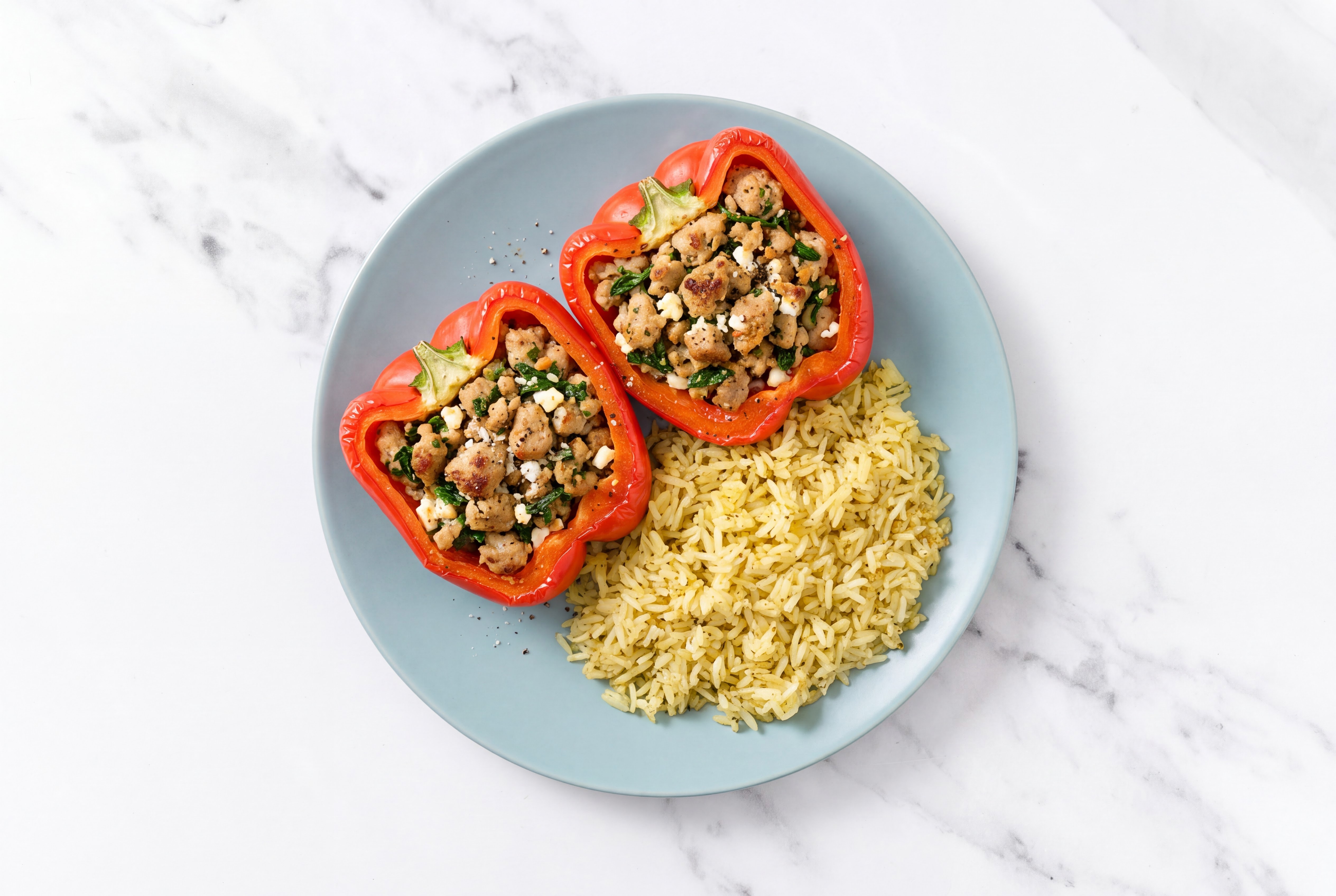 Tomato, Basil, Garlic Turkey Stuffed Peppers w/ Rice
