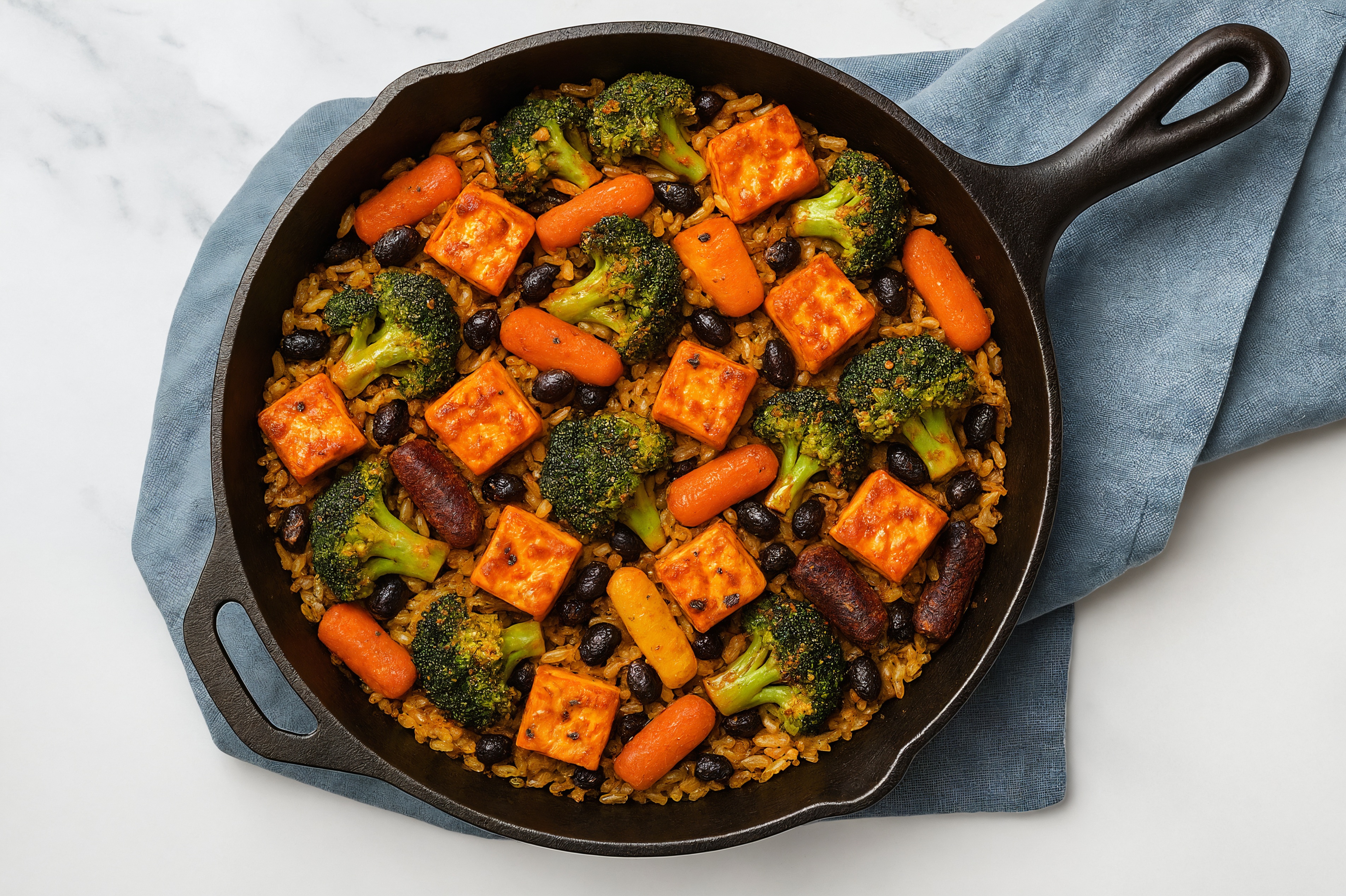 Soft & Creamy Paneer in Peppery Sauce with Organic Broccoli + Carrots over Rice with Beans