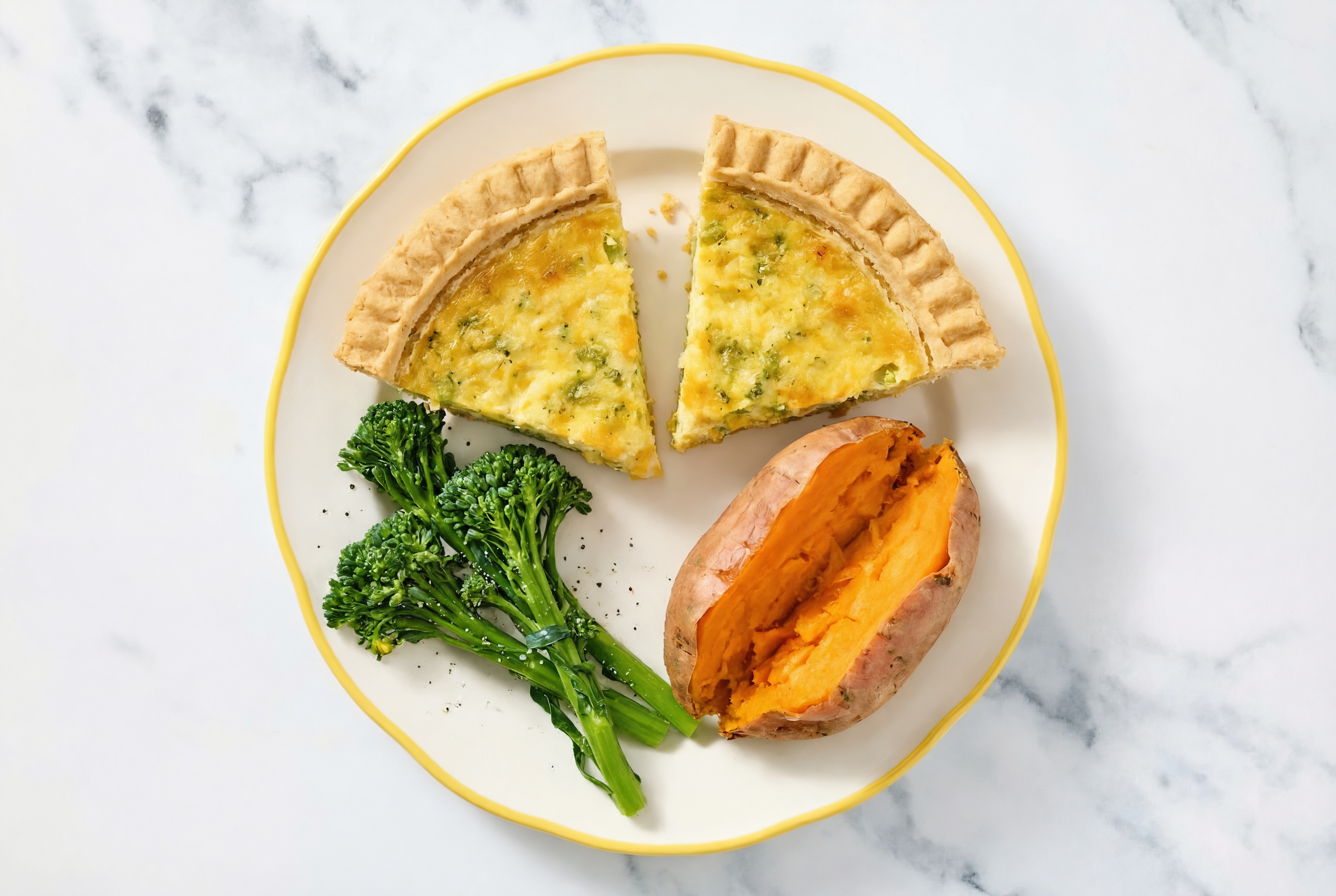 Broccoli & Cheddar Quiche with Baby Broccoli & Sweet Potato