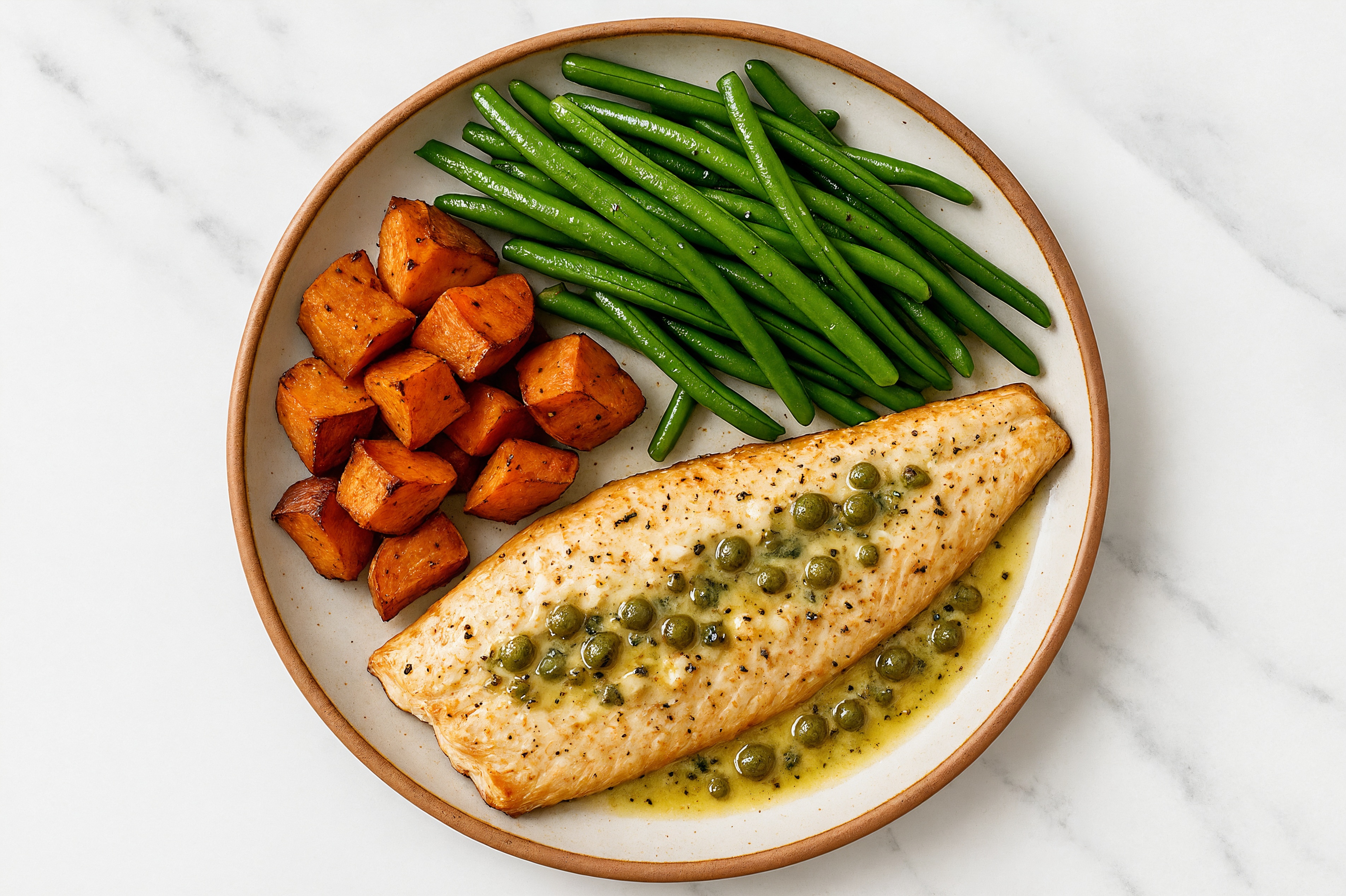 Caper-Butter Trout with Sweet Potatoes & Green Beans