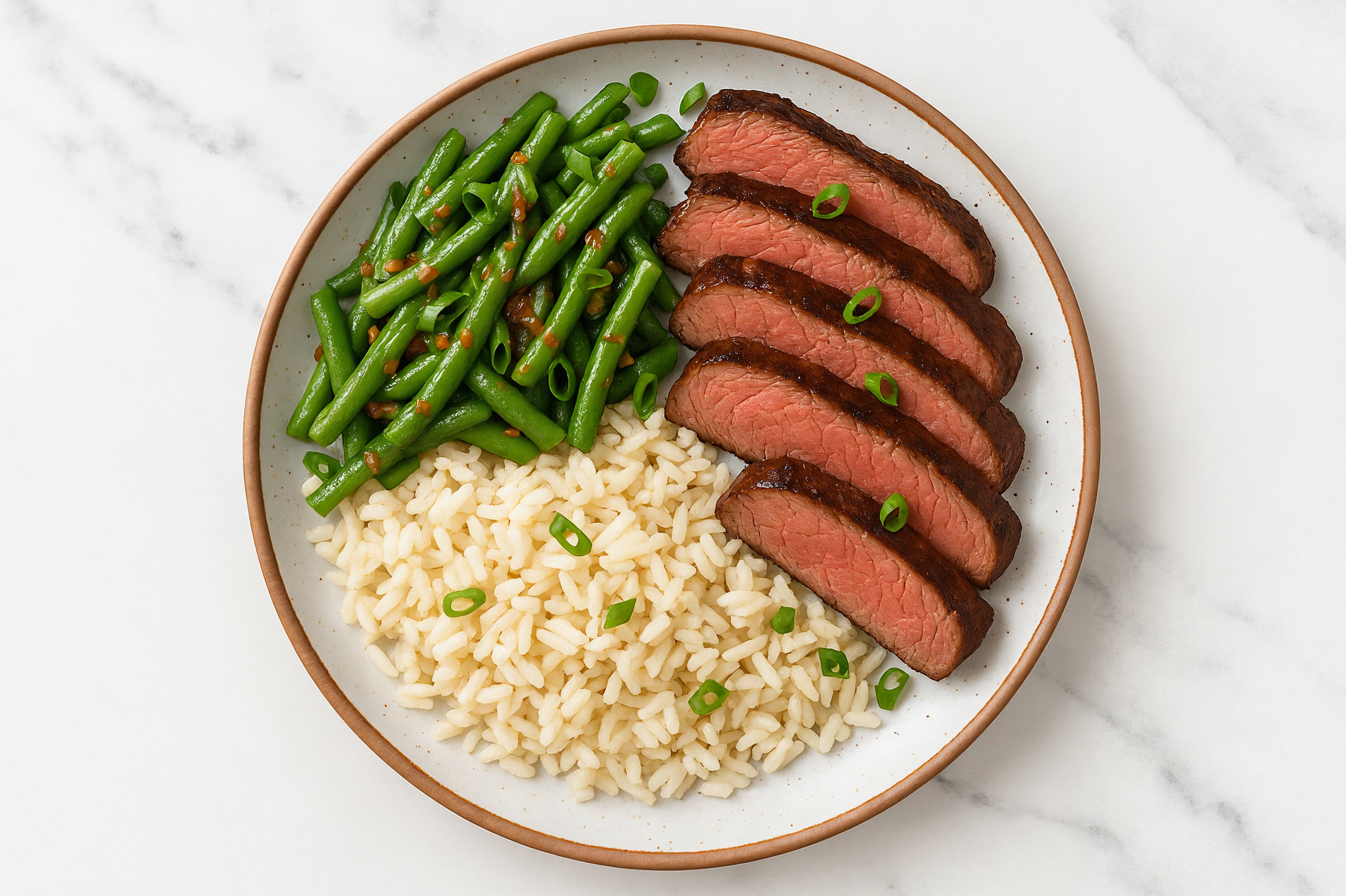 Grass-Fed Beef Sirloin Steaks + Rice, Sweet Chili Lime Sauce, Green Beans + Scallions