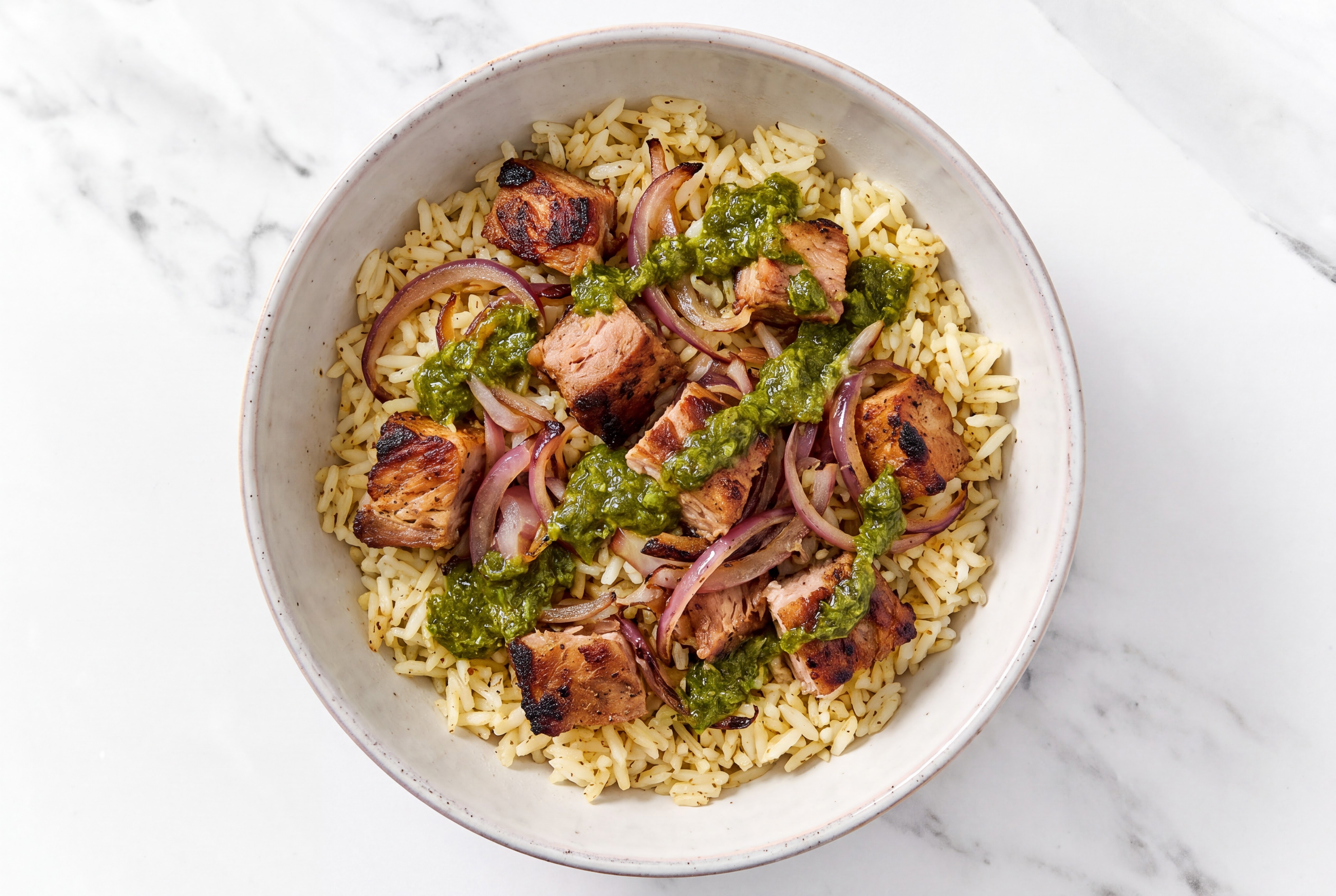 Kalua Pork Grain Bowl with Red Onion & Zhoug