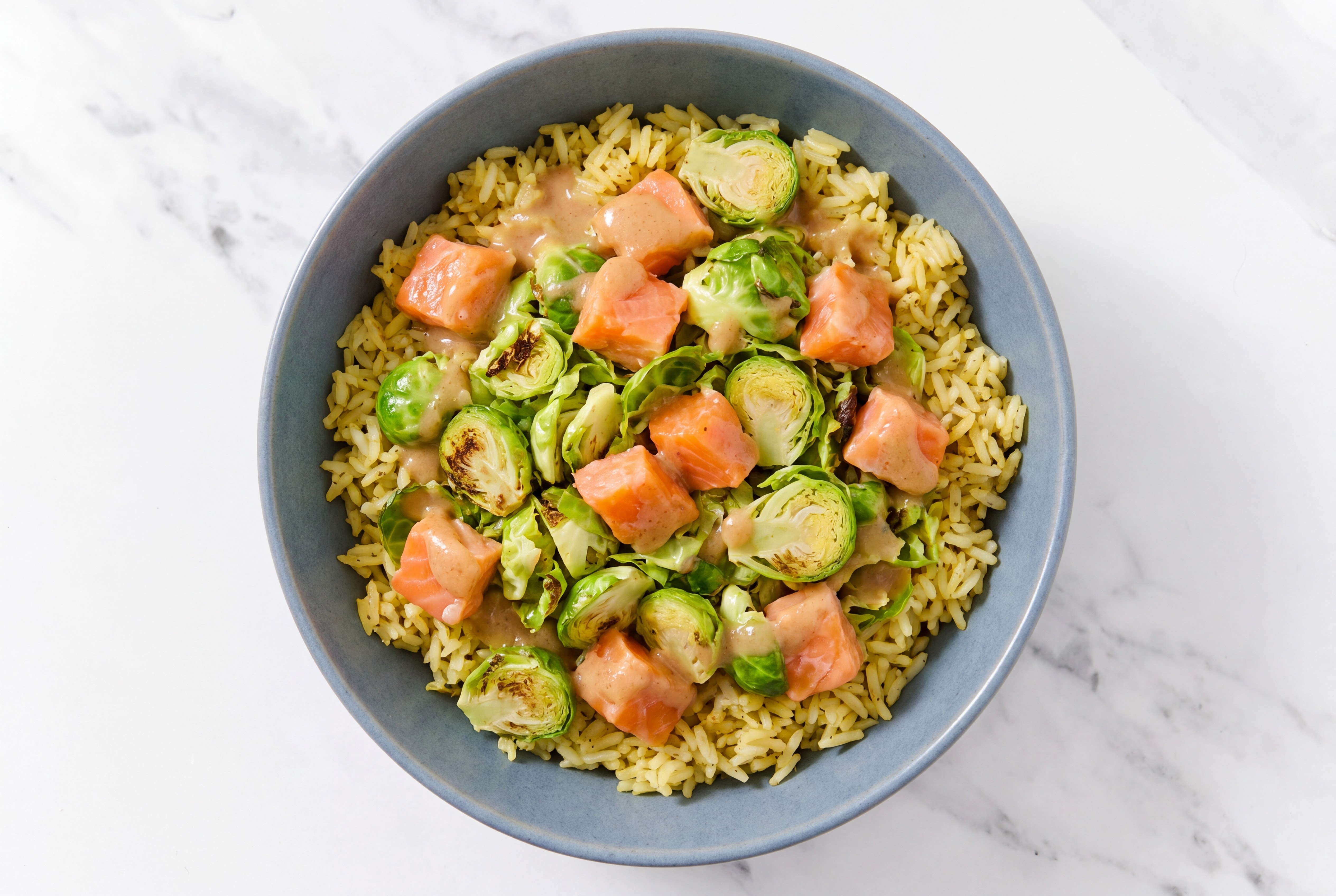 Gingery Ponzu Poké Salmon + Brussels Protein Bowl with Seasoned Jasmine Rice
