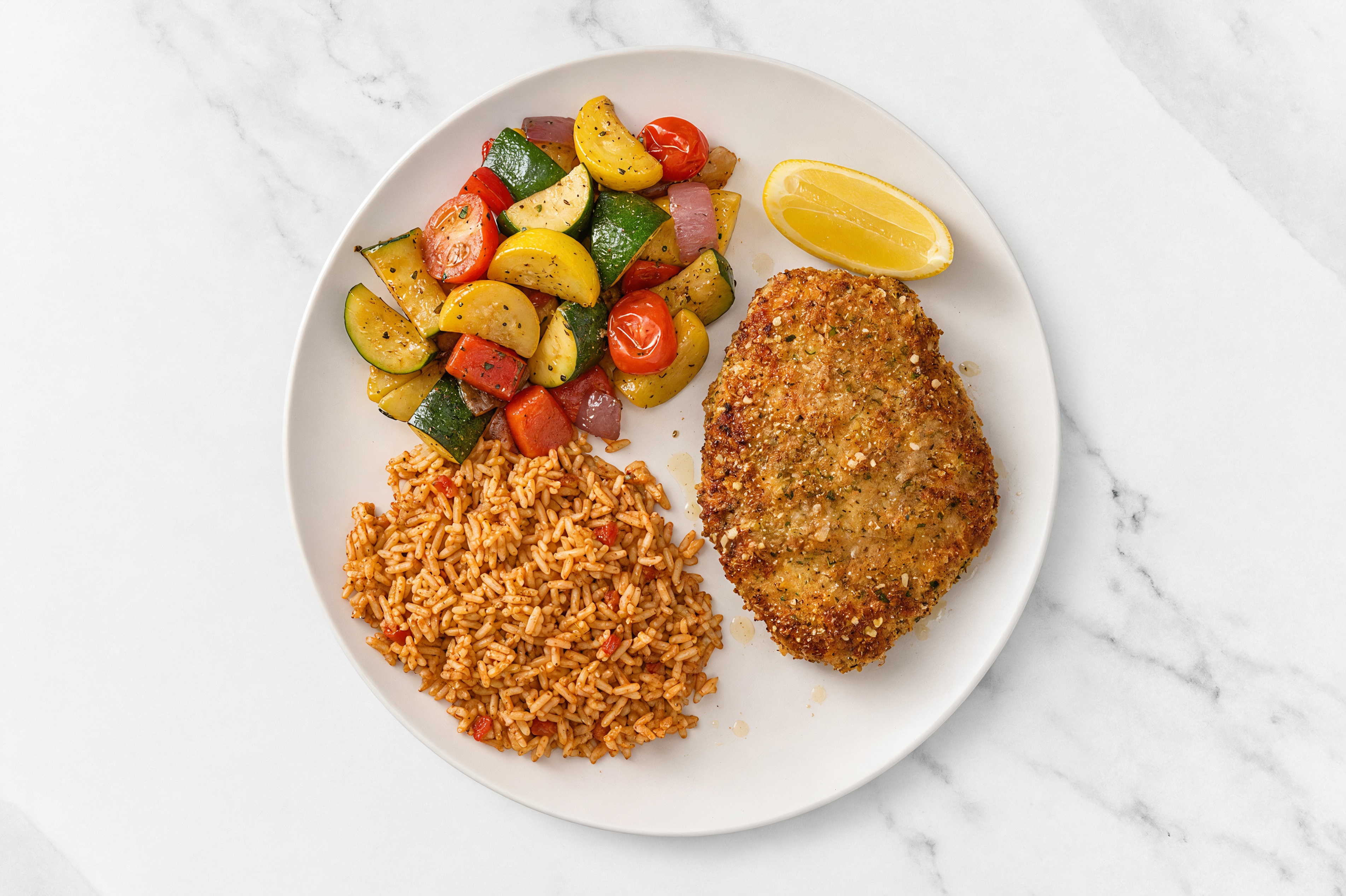 Lemon Parmesan Breaded Chicken Cutlet with Squash Skillet & Mexican Rice