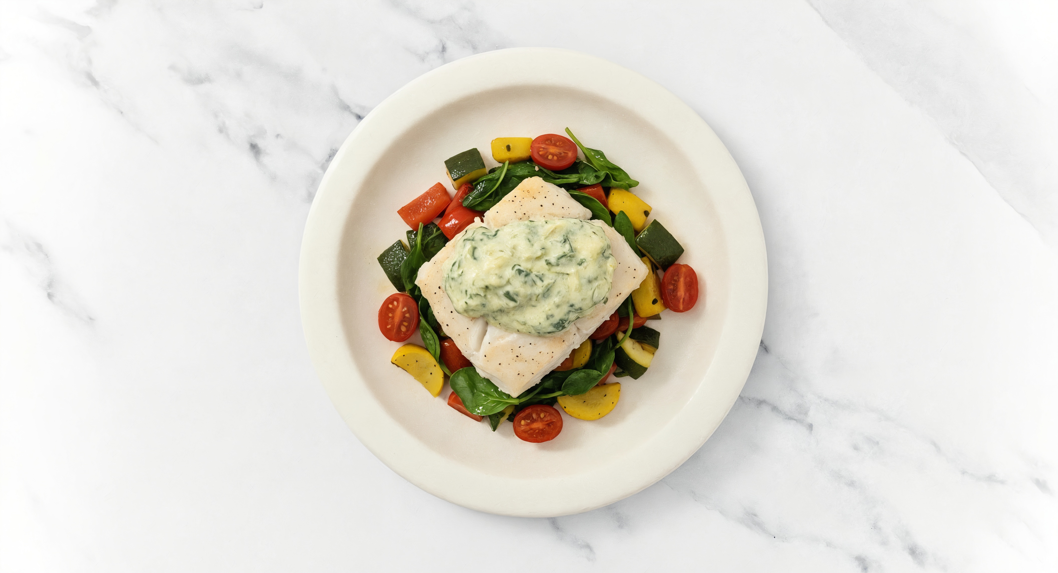  Roasted Halibut with Sautéed Summer Veggies with Baby Spinach