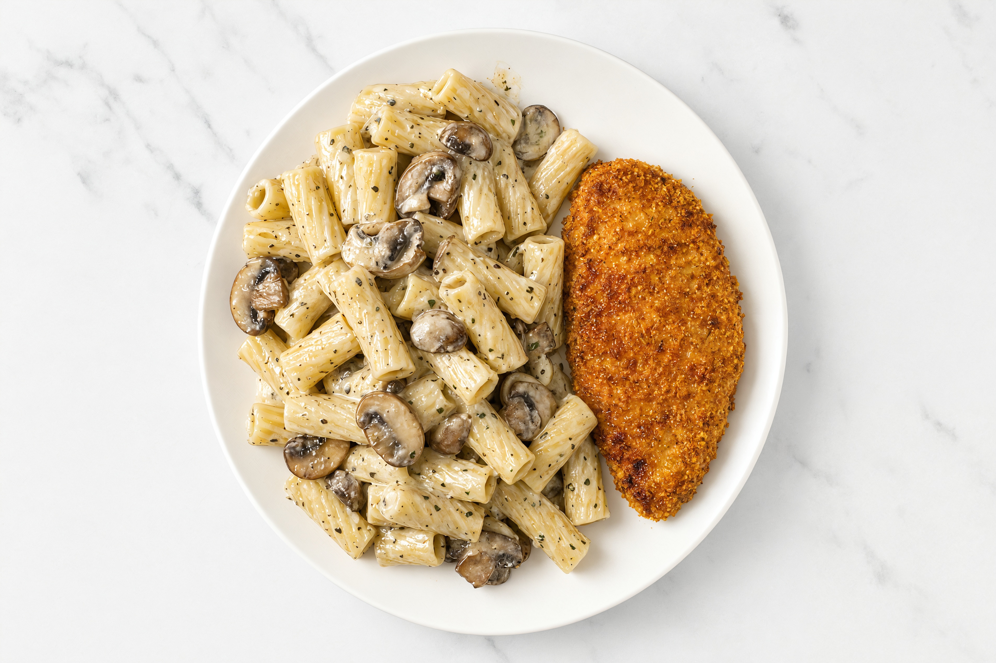 Crispy Hot Honey Chicken over Creamy Rigatoni with Baby Bella Mushrooms