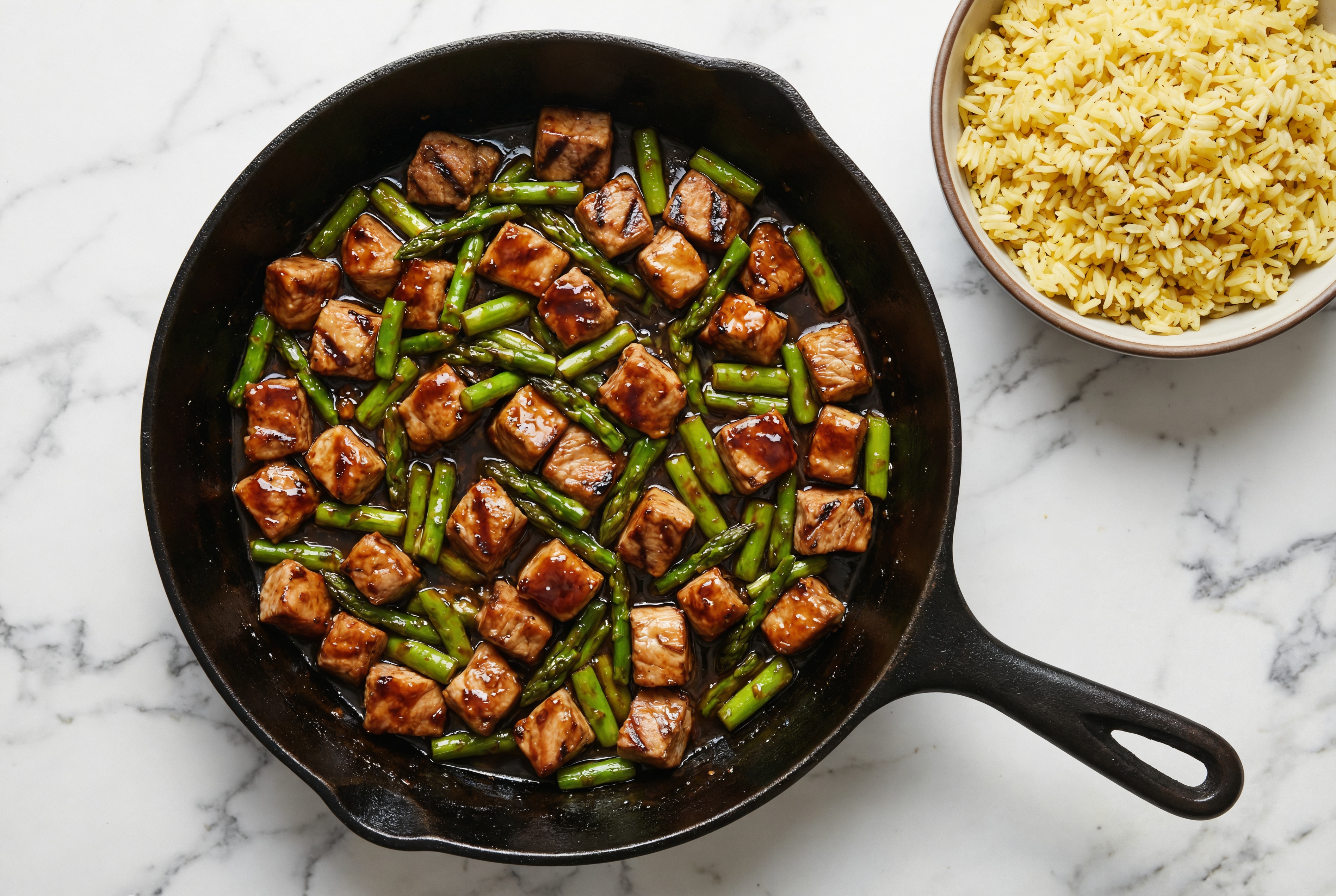 Japanese BBQ Grilled Pork Stir-Fry with Asparagus over Jasmine Rice