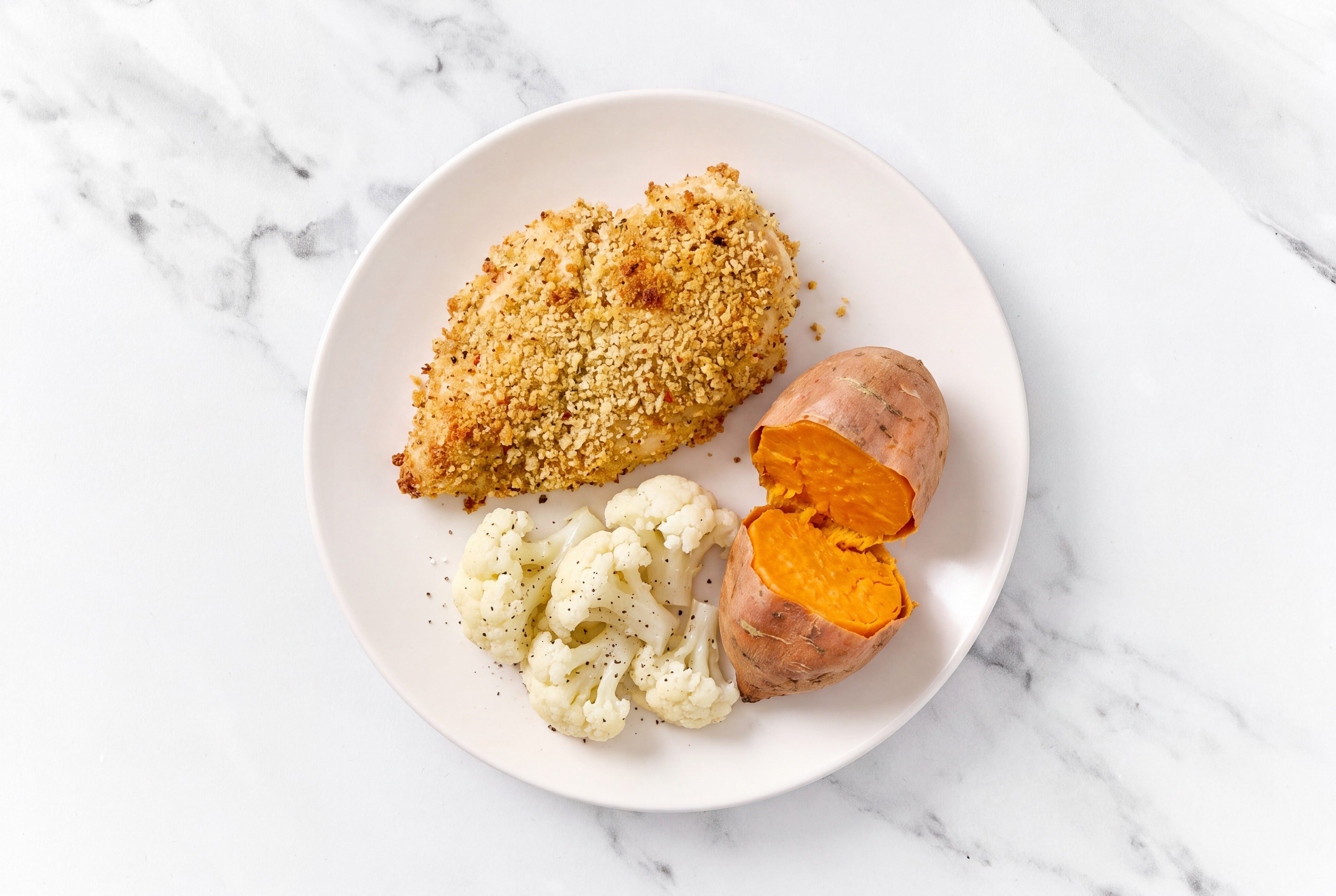 Parmesan Breaded Chicken Cutlet with Cauliflower Florets & Sweet Potato