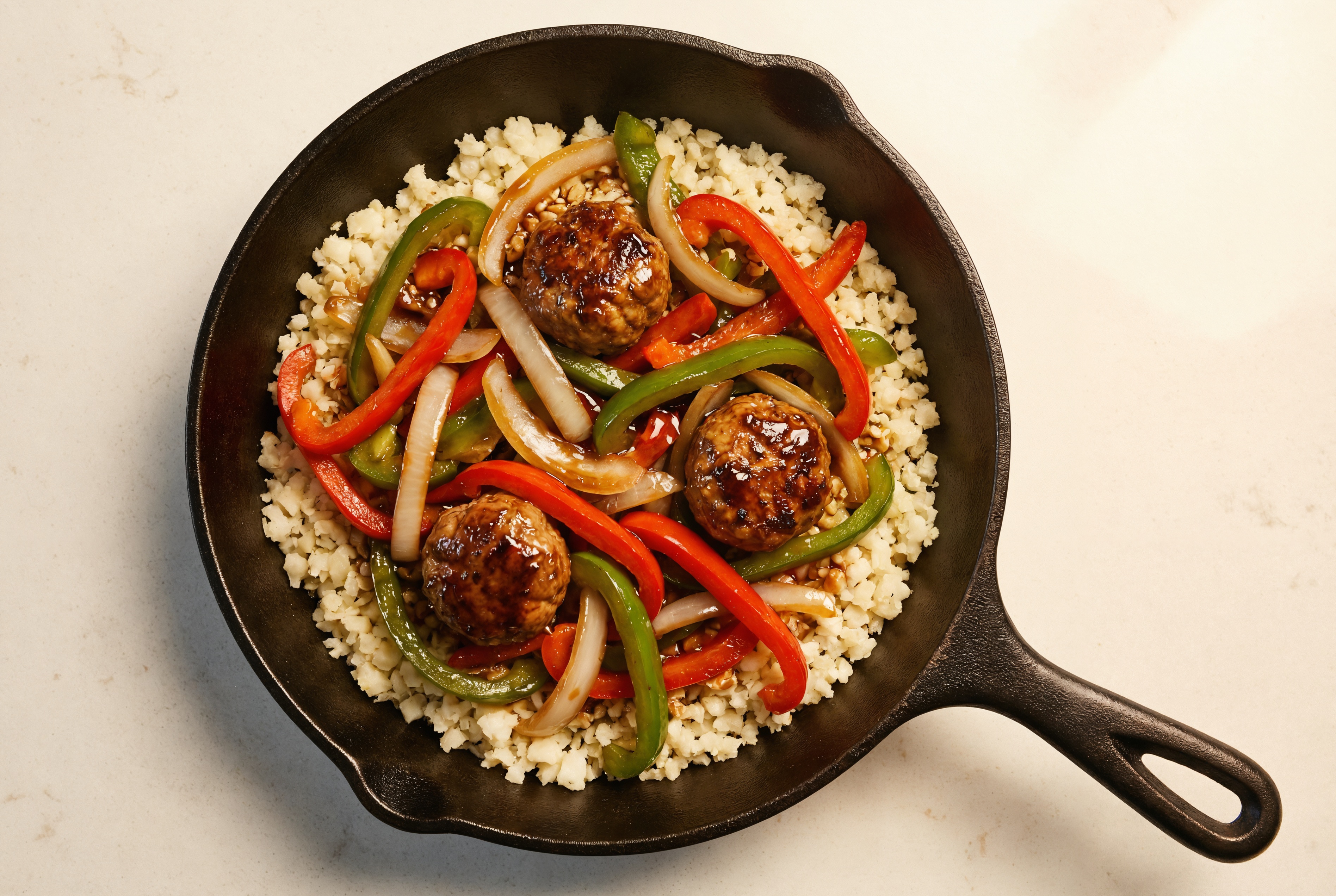 Teriyaki Meatball Stir-Fry with Bell Peppers over Riced Cauliflower