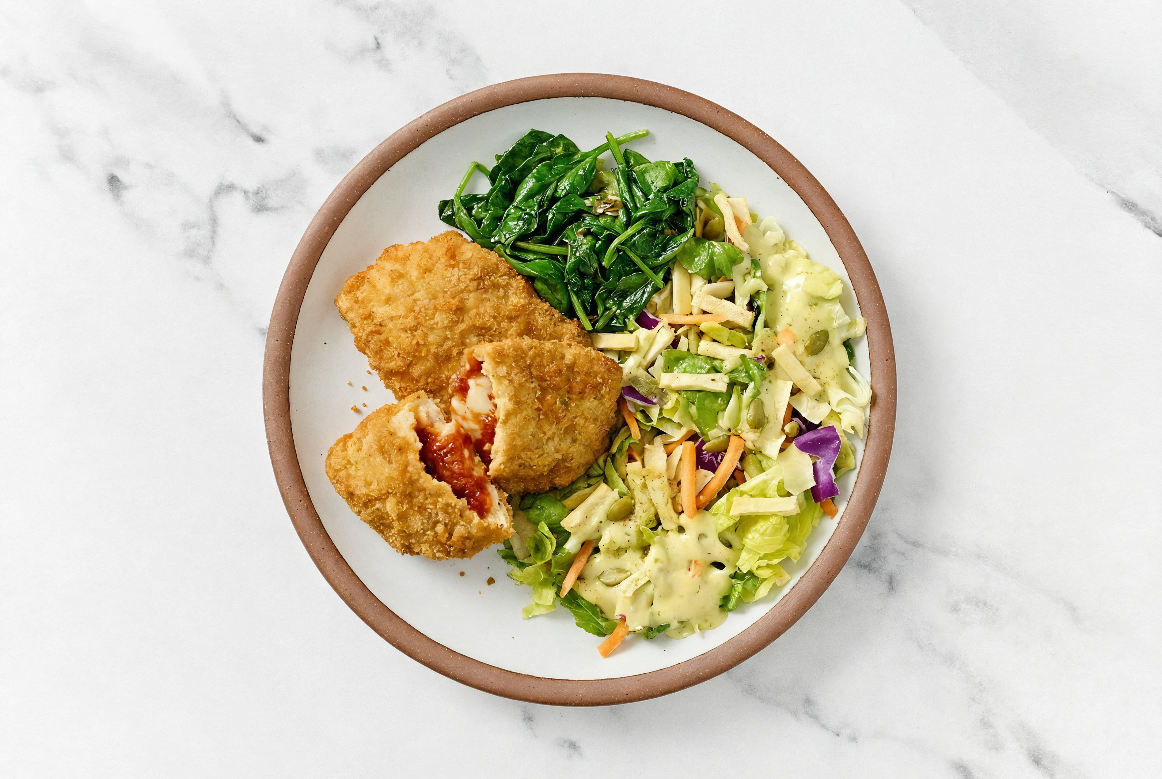 "Chicken" Parm with Baby Spinach & Goddess Salad