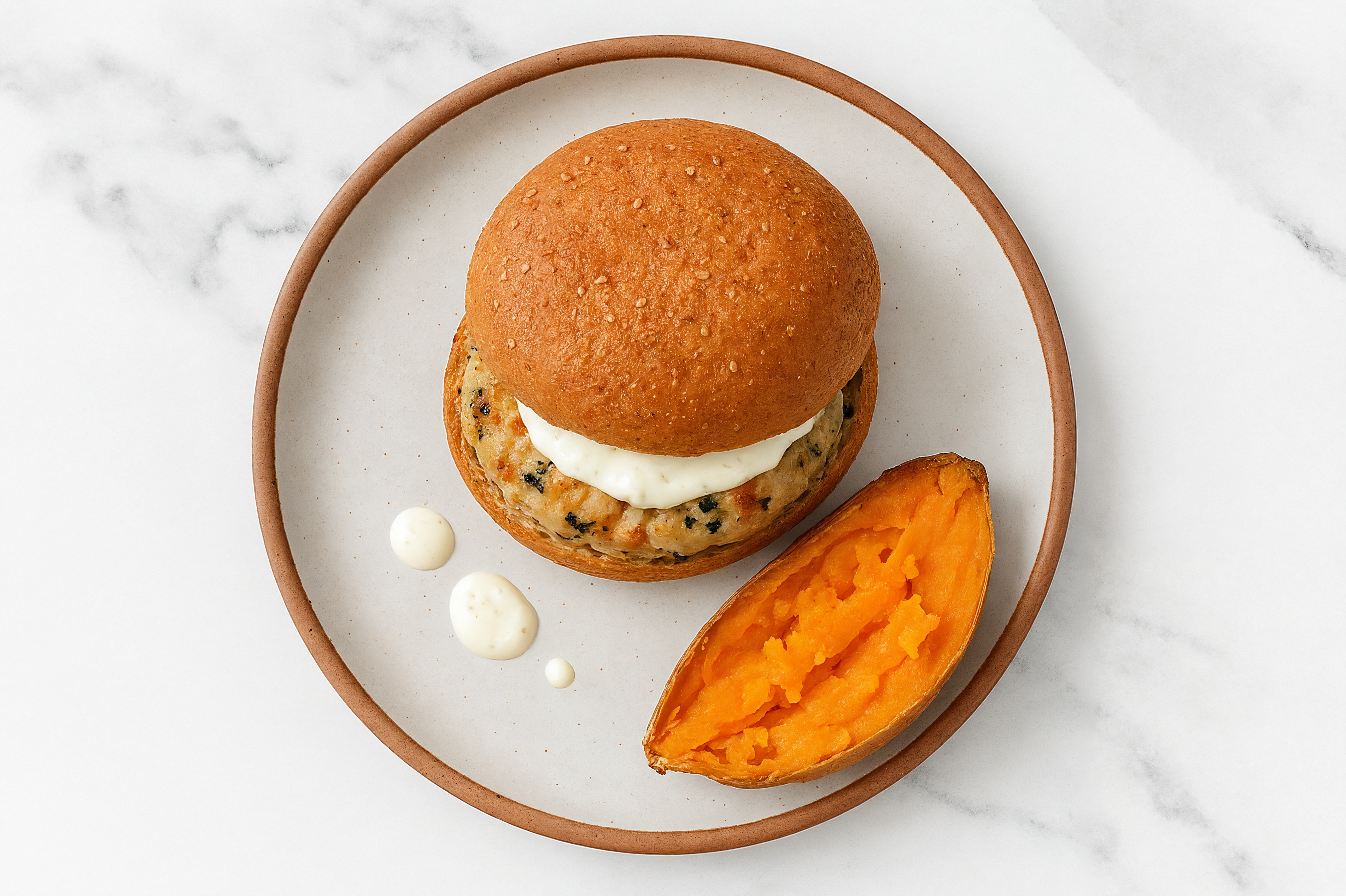 Tomato Basil Chicken Burger with Sweet Potato & Dairy-Free Tzatziki