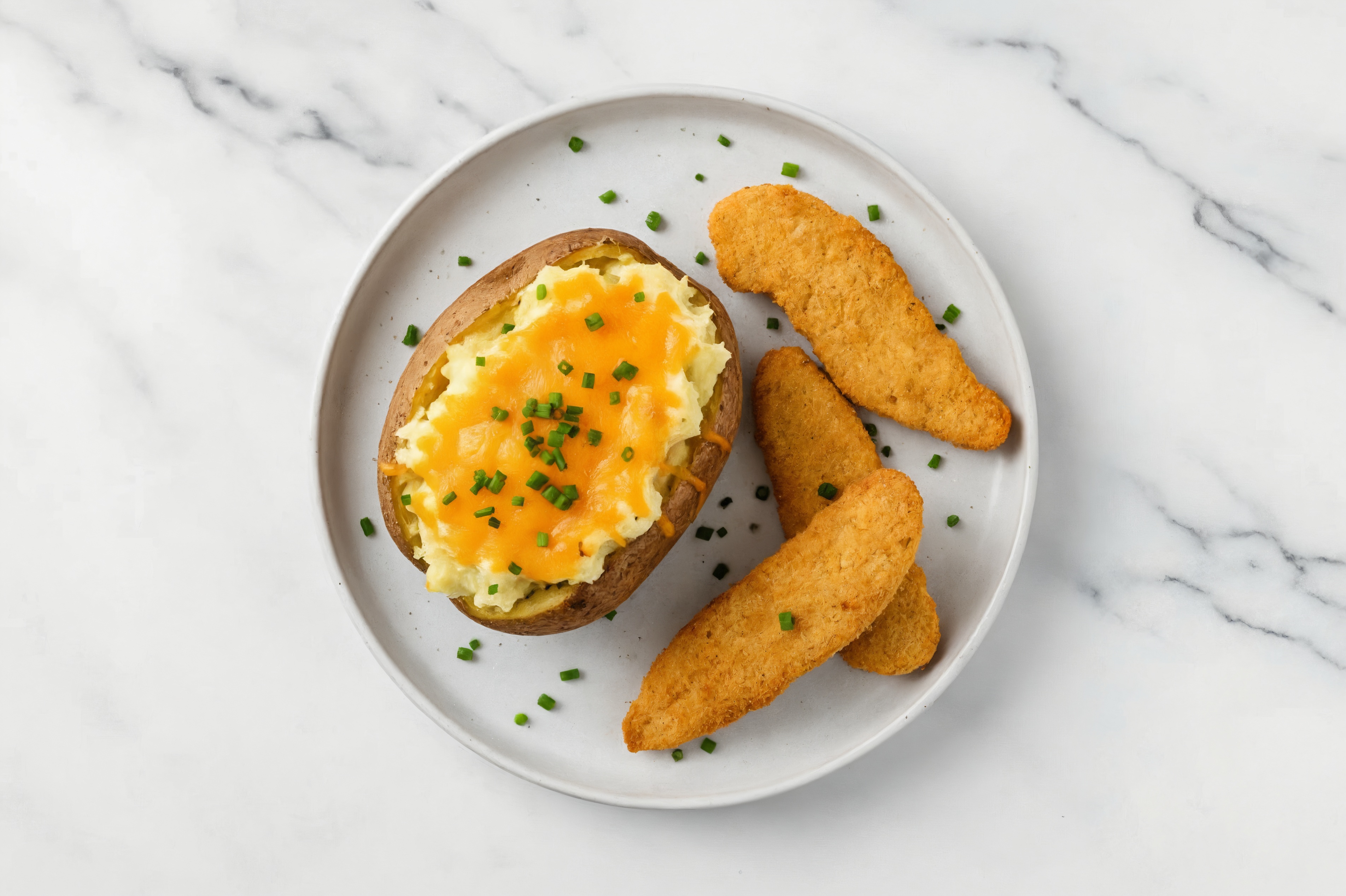 "Chicken" Tenders + Cheesy Twice-Baked Potatoes
