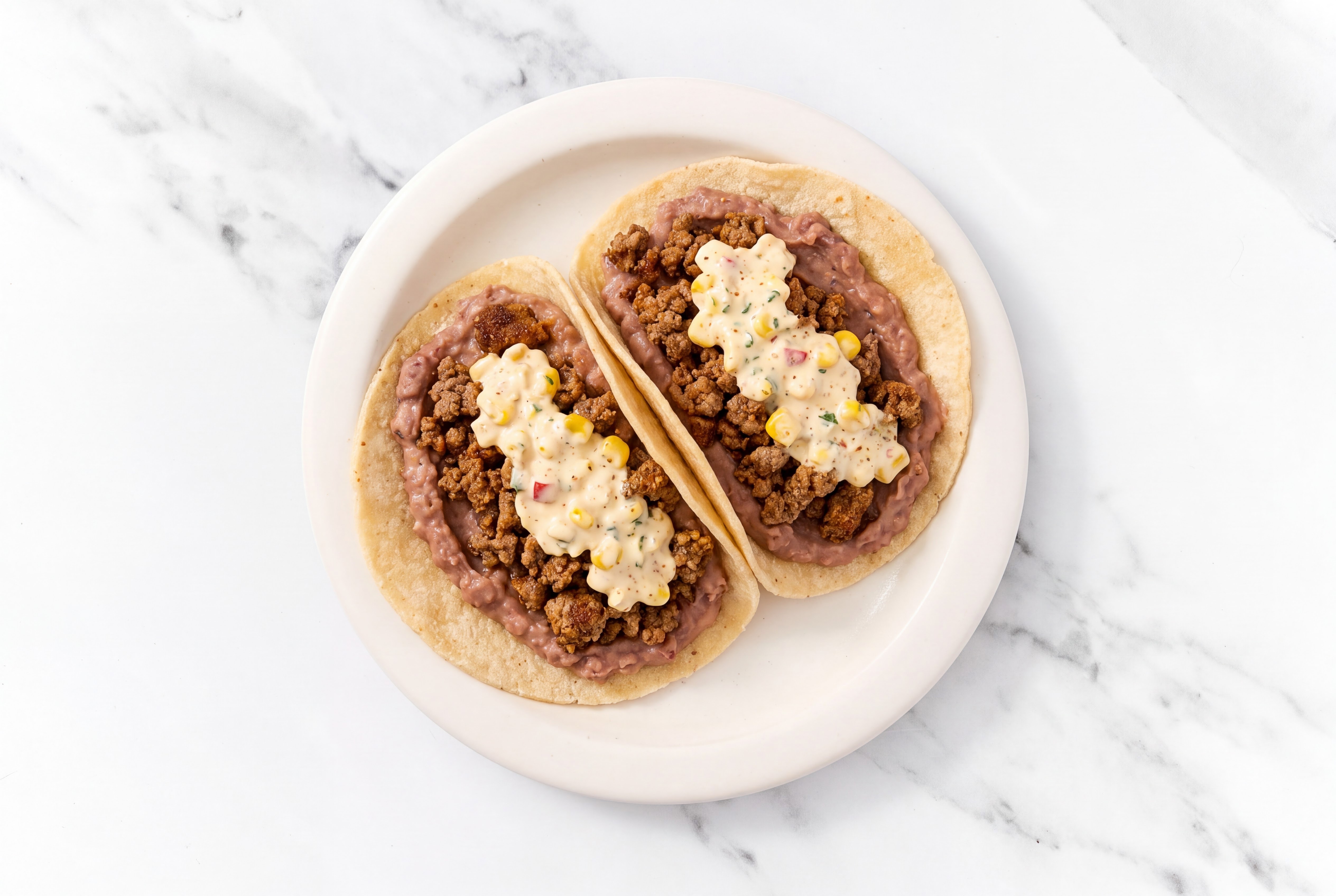 Ground 93/7 Lean Beef Tacos with Street Corn Sauce & Refried Red Beans