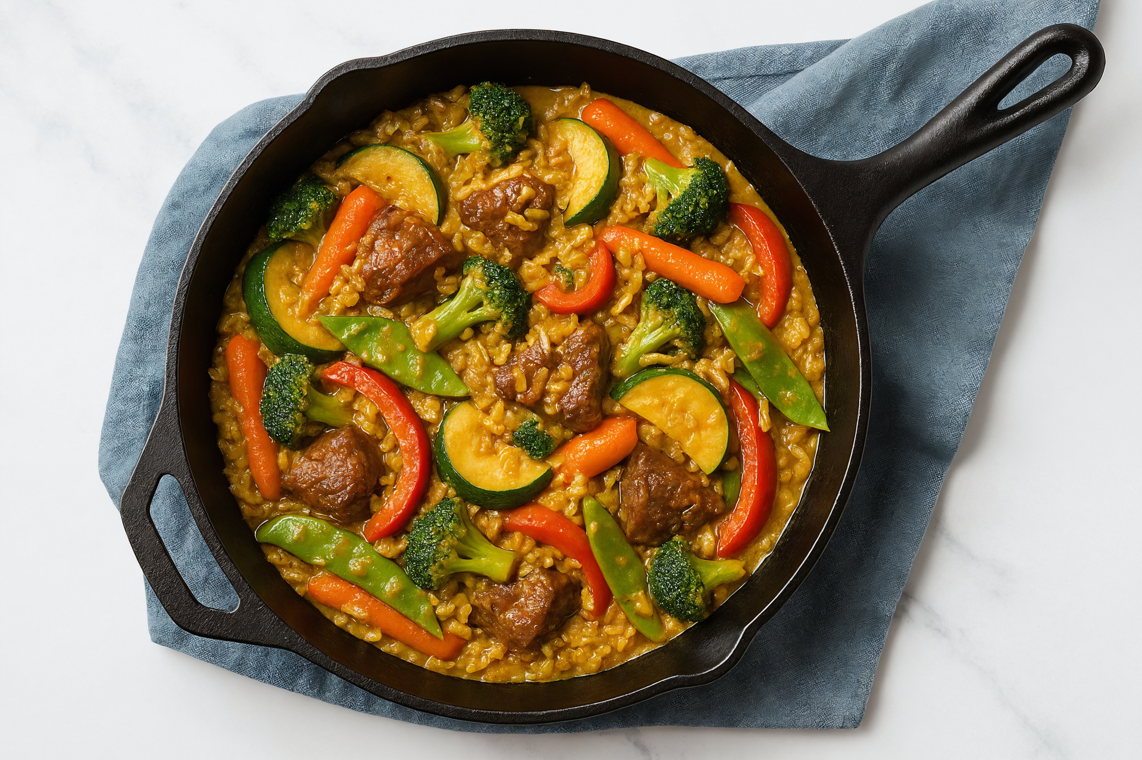 Curry Veggie + Lamb Stir-Fry with Seasoned Jasmine Rice