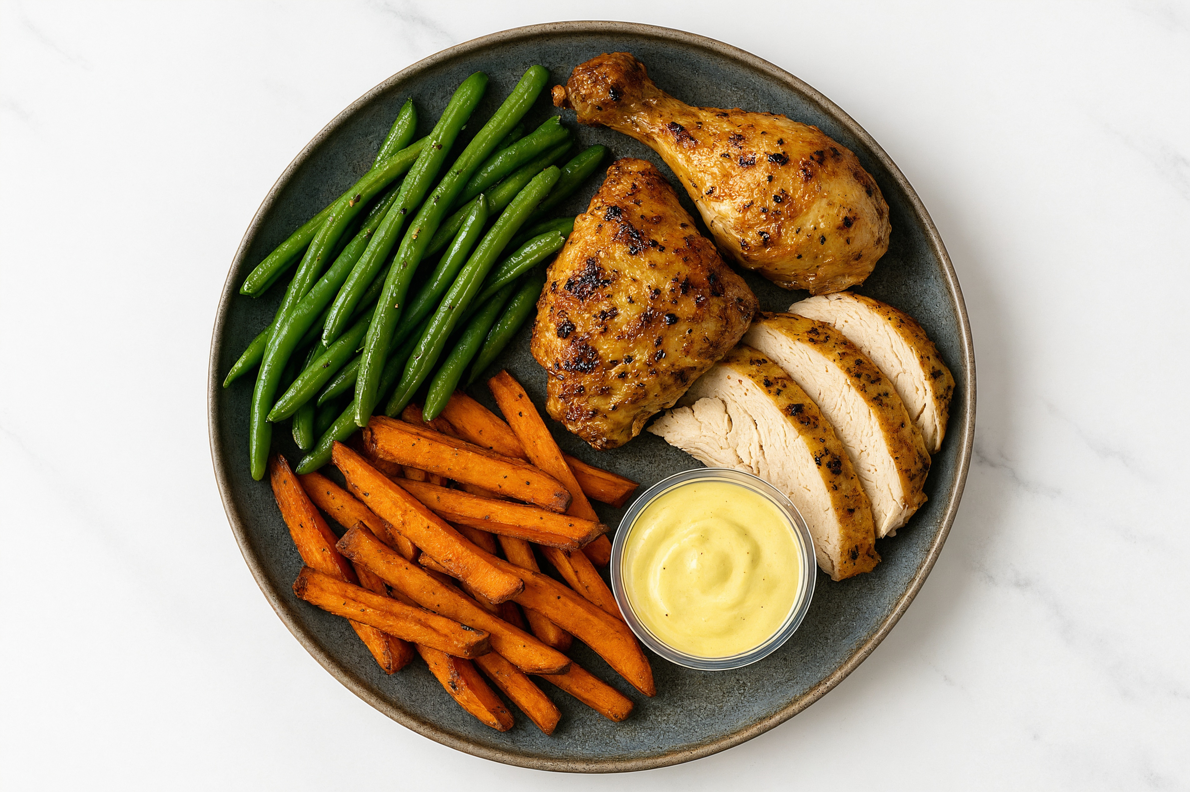 Chicken, Green Beans with Sweet Potato Fries + Honey Mustard Garlic Dipping Sauce