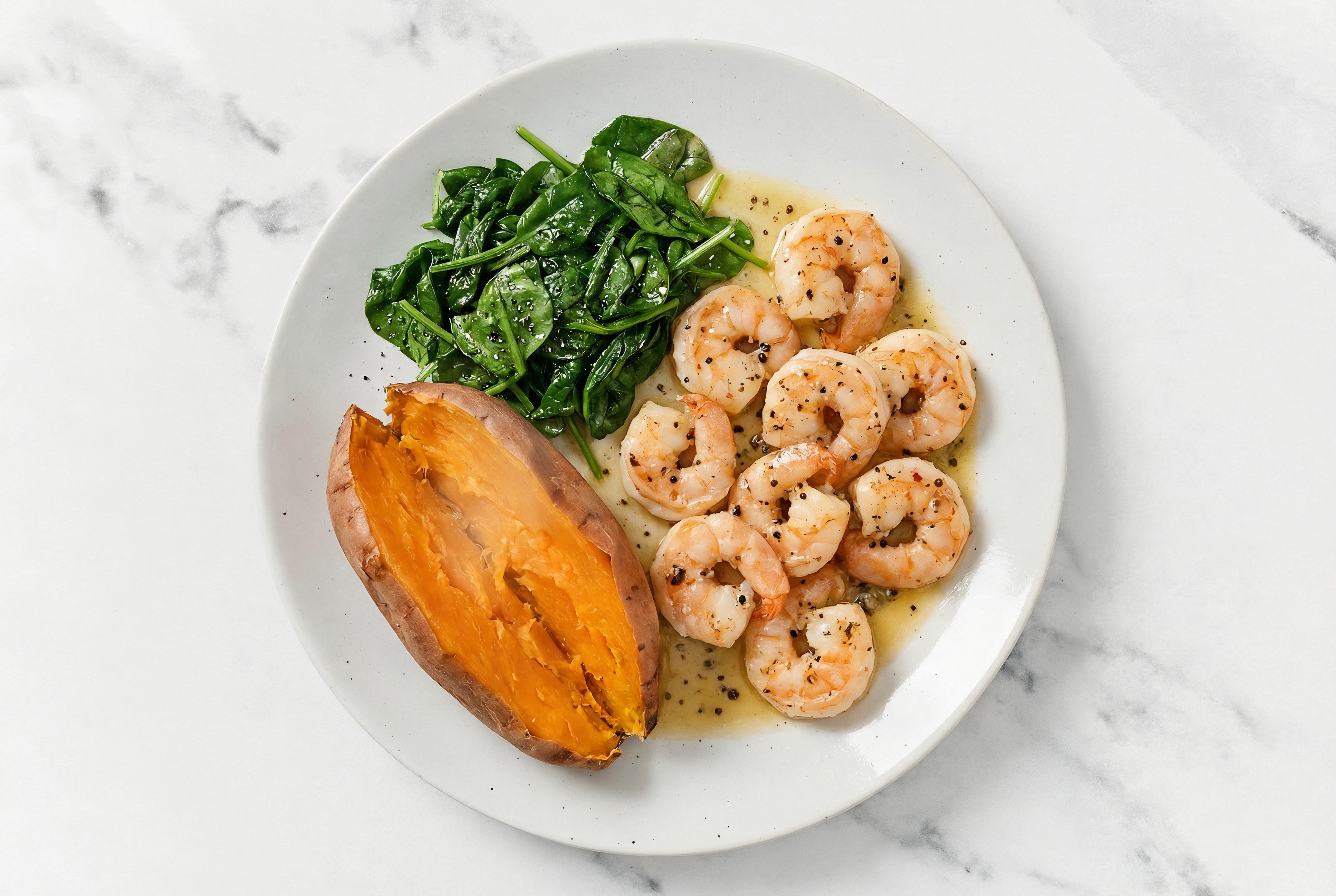 Lemon-Slow Churned & Peppercorn Pasture Butter Shrimp with Sweet Potato & Spinach